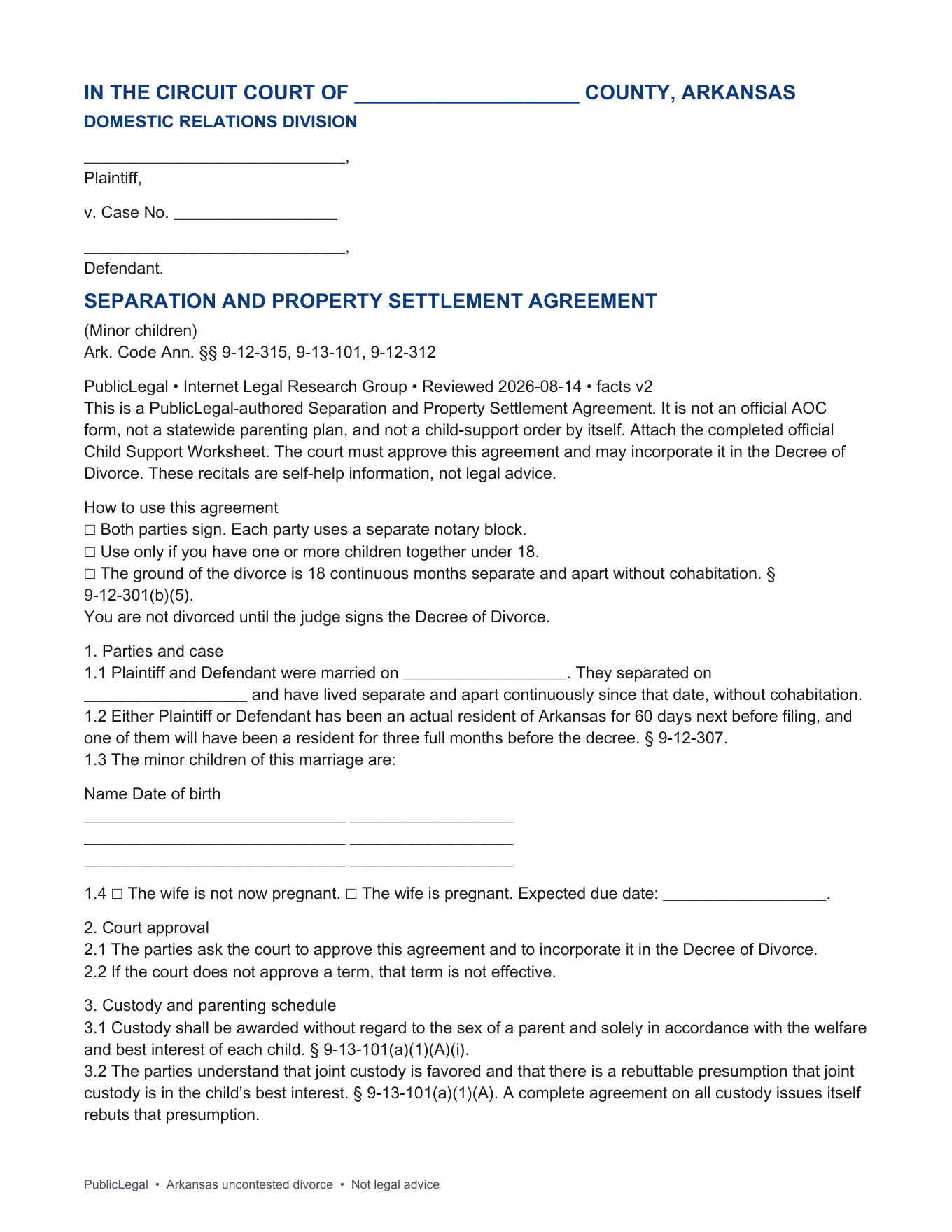 Page 1 of the PublicLegal Arkansas Separation and Property Settlement Agreement (Minor Children) included in the download