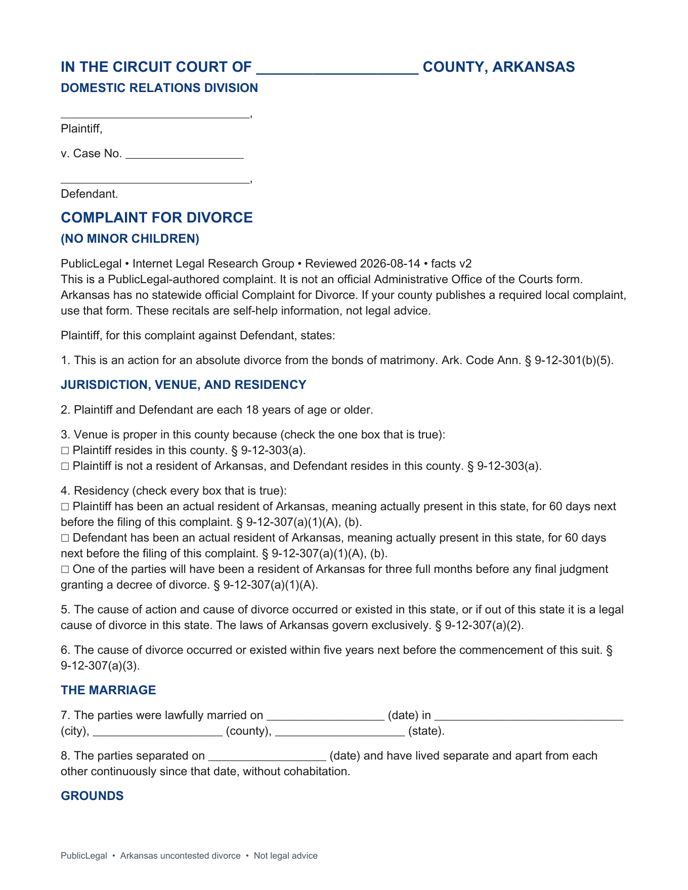Page 1 of the PublicLegal Arkansas Complaint for Divorce (No Minor Children) included in the download