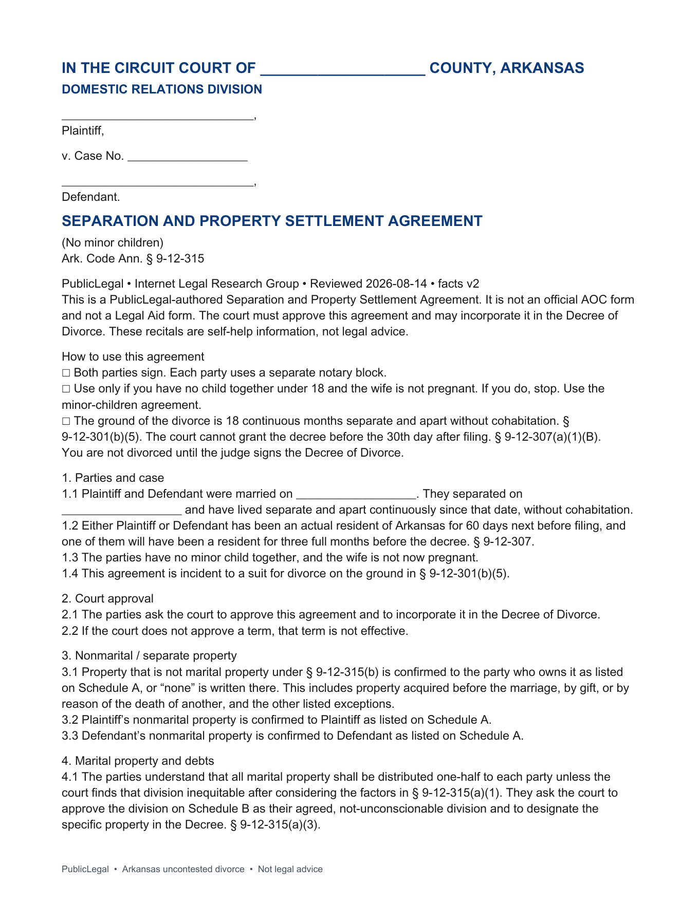 Page 1 of the PublicLegal Arkansas Separation and Property Settlement Agreement (No Minor Children) included in the download