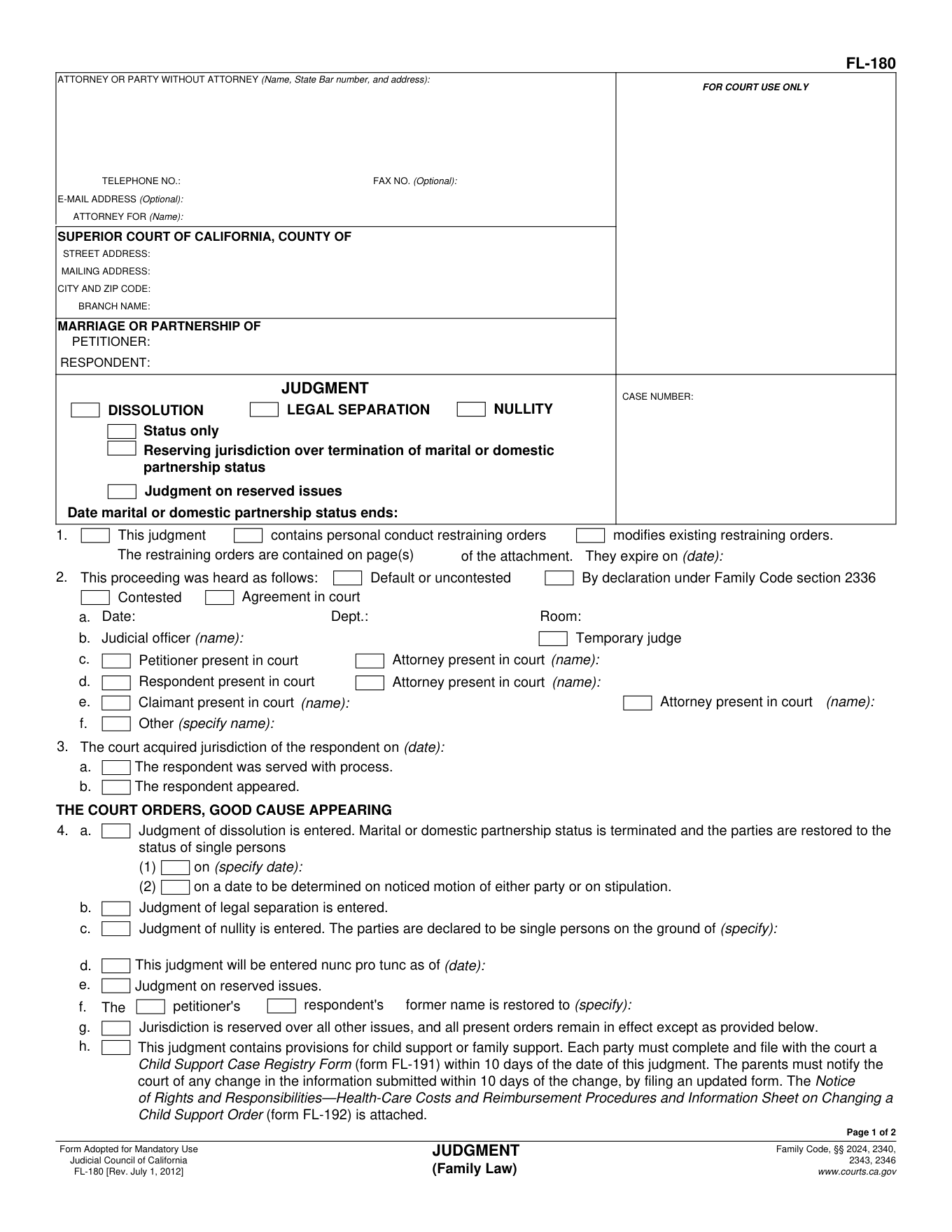 Page 1 of the blank official California children Judgment (FL-180) included in the download