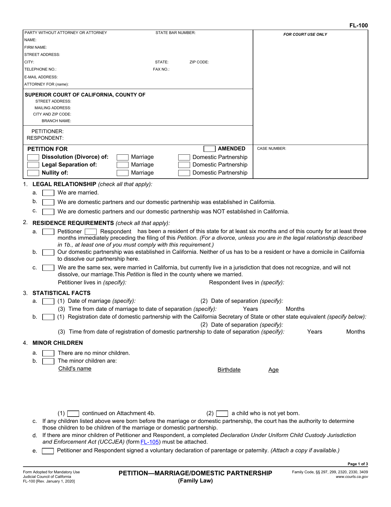 Page 1 of the blank official California Petition (FL-100) included in the children download