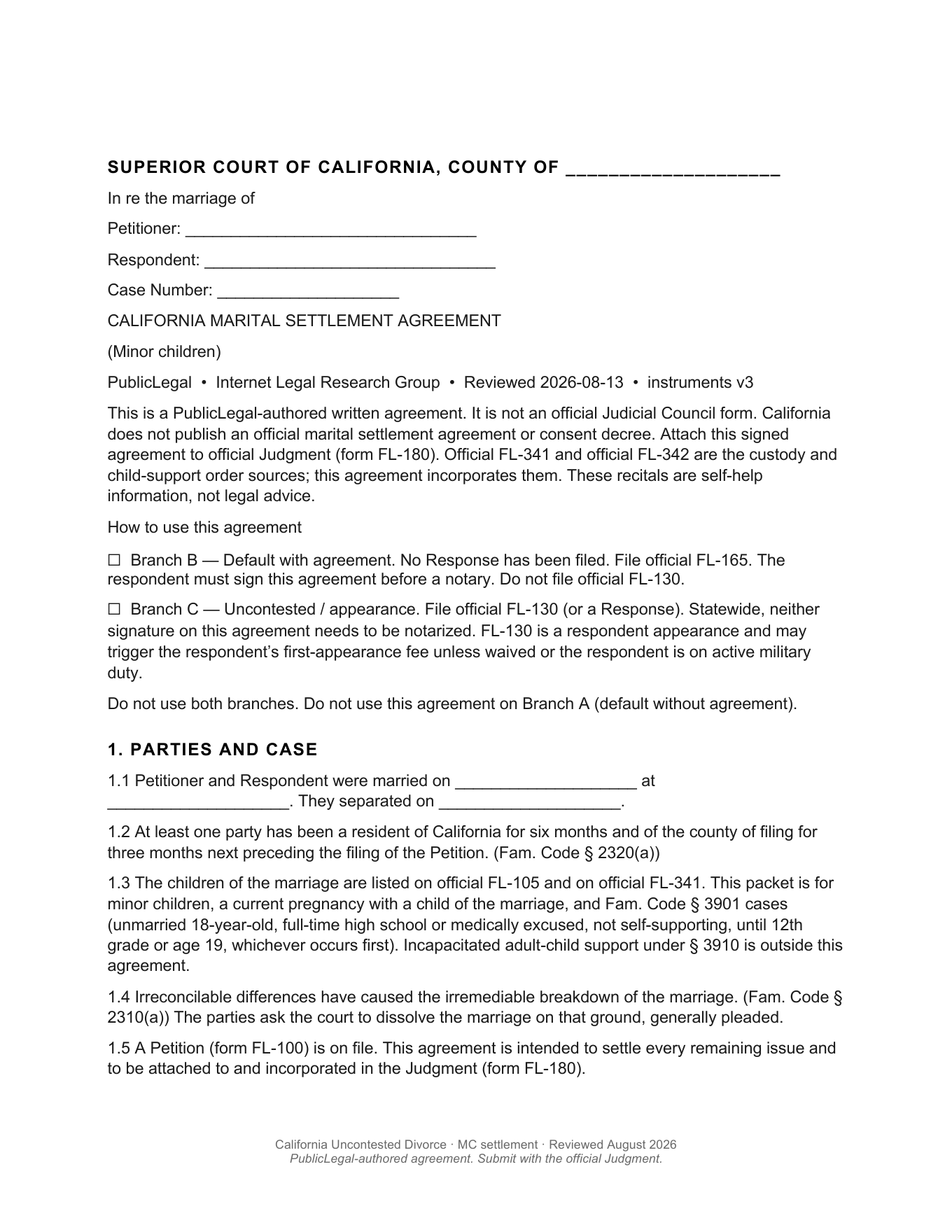 Page 1 of the blank PublicLegal California children marital settlement agreement included in the download