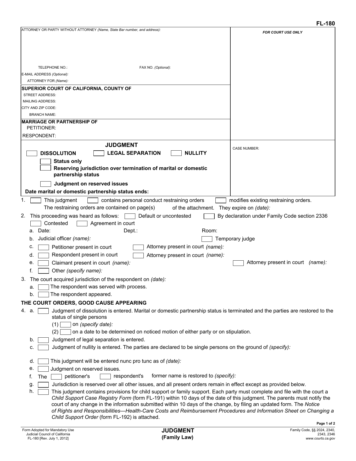 Page 1 of the blank official California Judgment (FL-180) included in the download