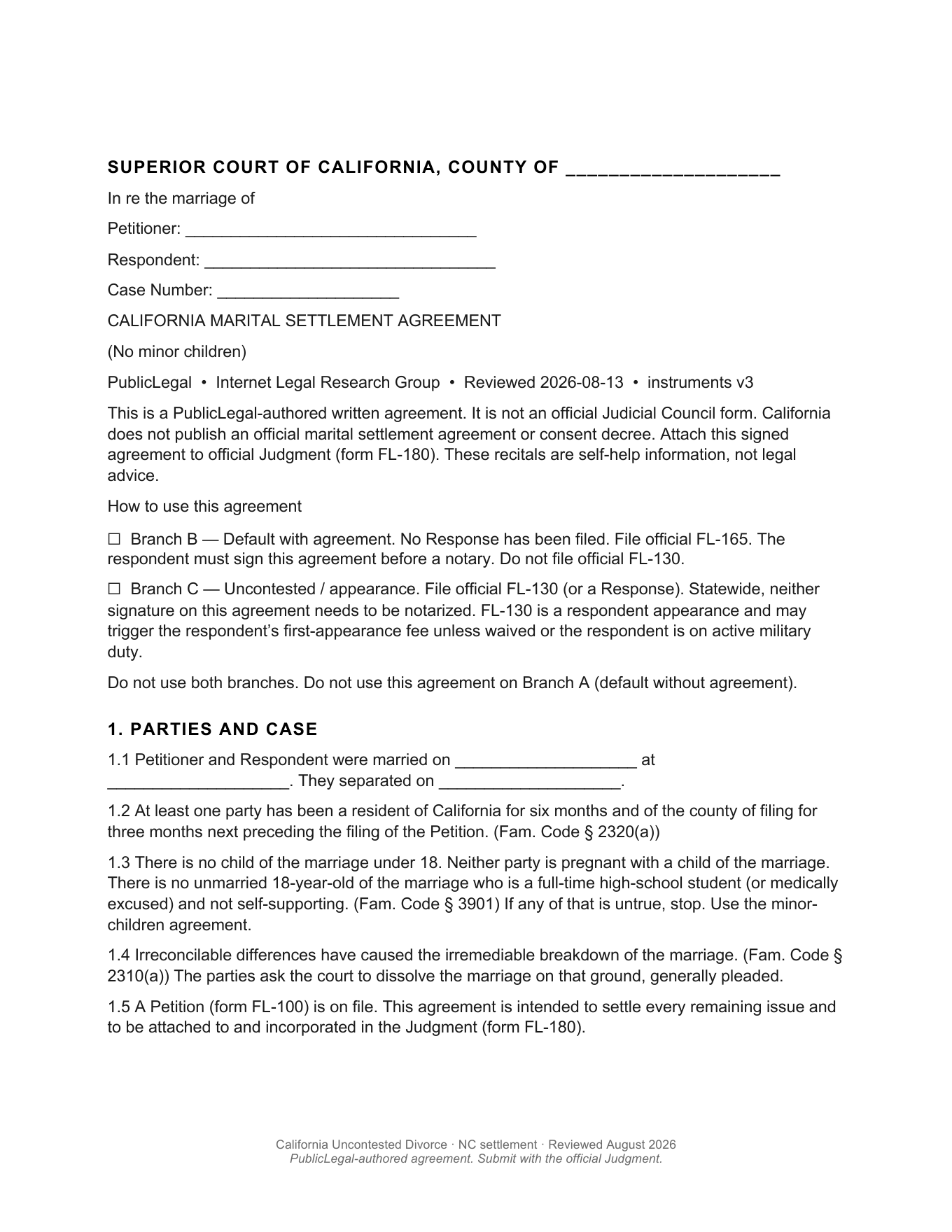 Page 1 of the blank PublicLegal California no-children marital settlement agreement included in the download