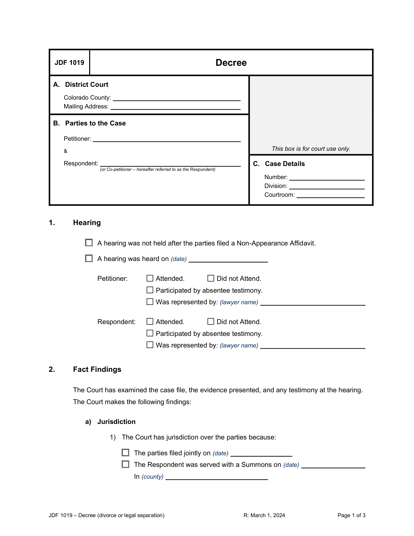 Page 1 of the official Colorado Decree of Dissolution JDF 1019 (minor children) included in the download