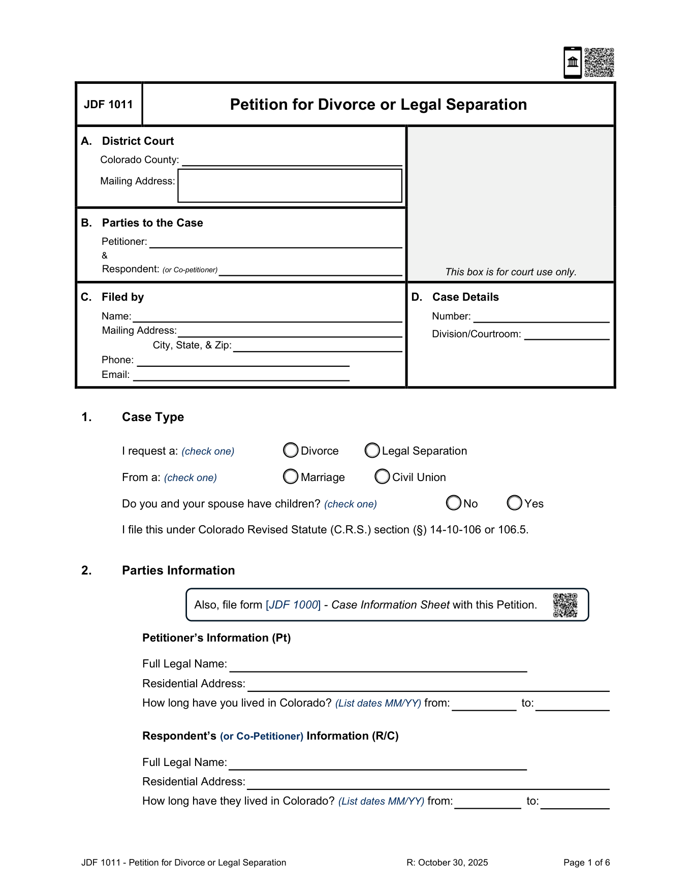 Page 1 of the official Colorado Petition for Divorce or Legal Separation (no minor children) included in the download