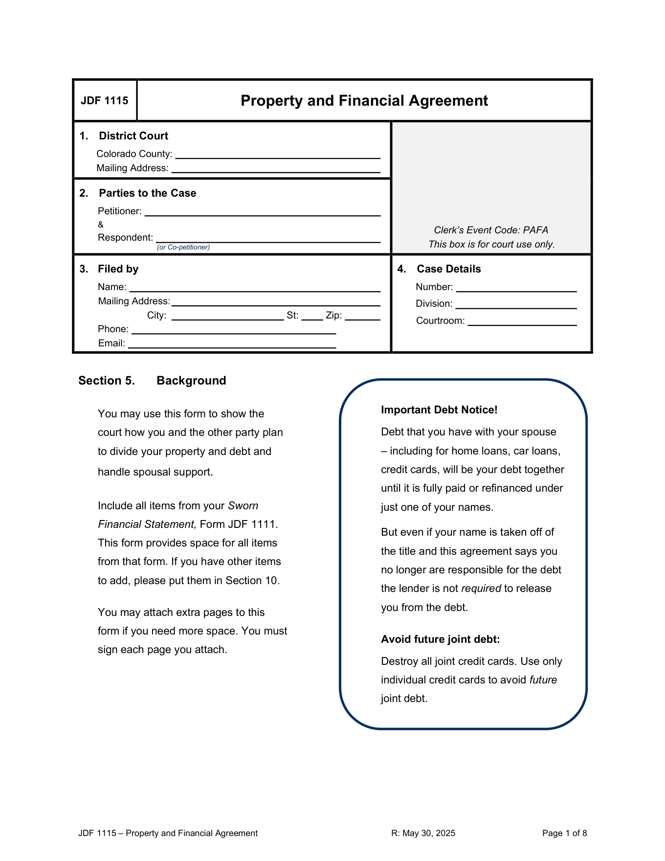 Page 1 of the official Colorado Property and Financial Agreement JDF 1115 (no minor children) included in the download