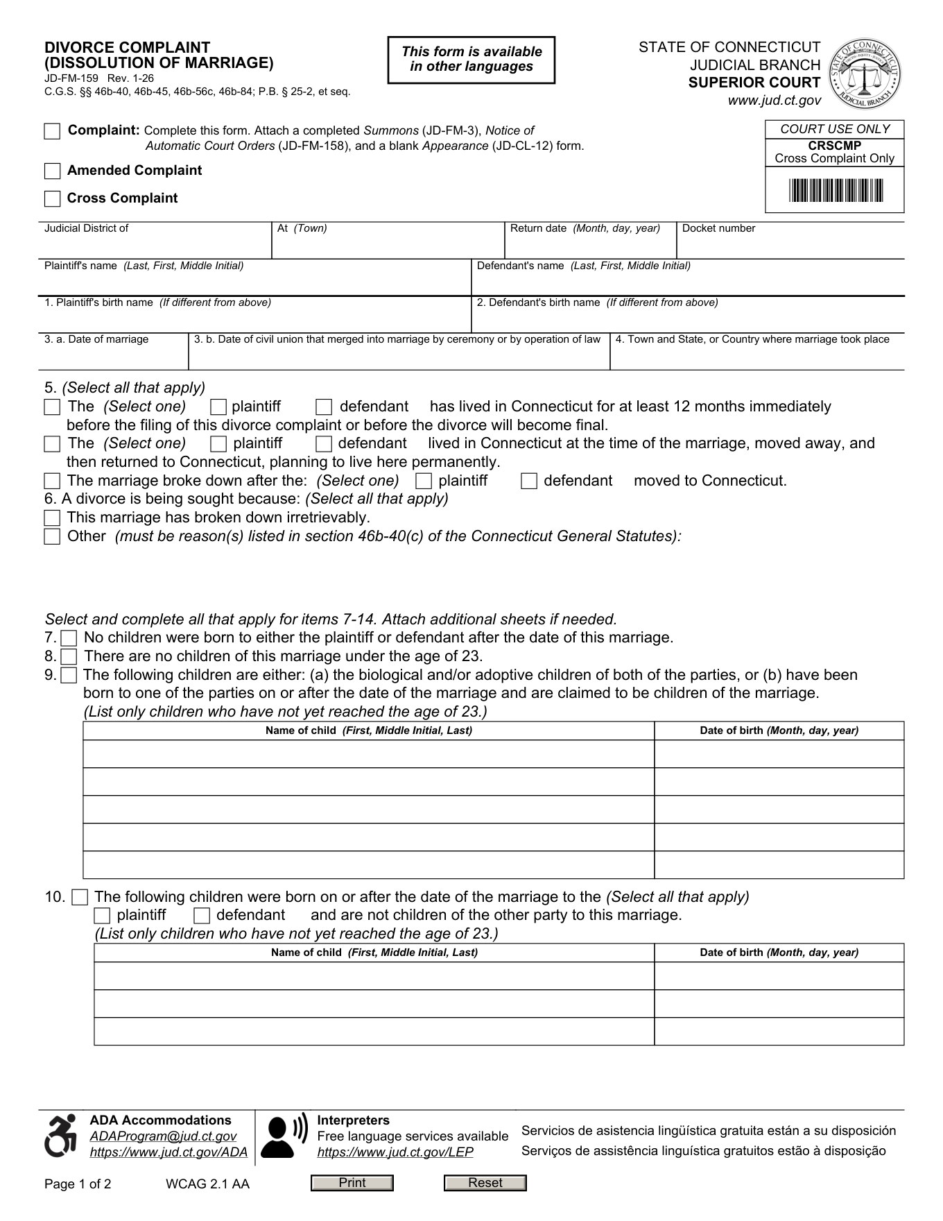 Page 1 of the blank official Connecticut Divorce Complaint included in the download