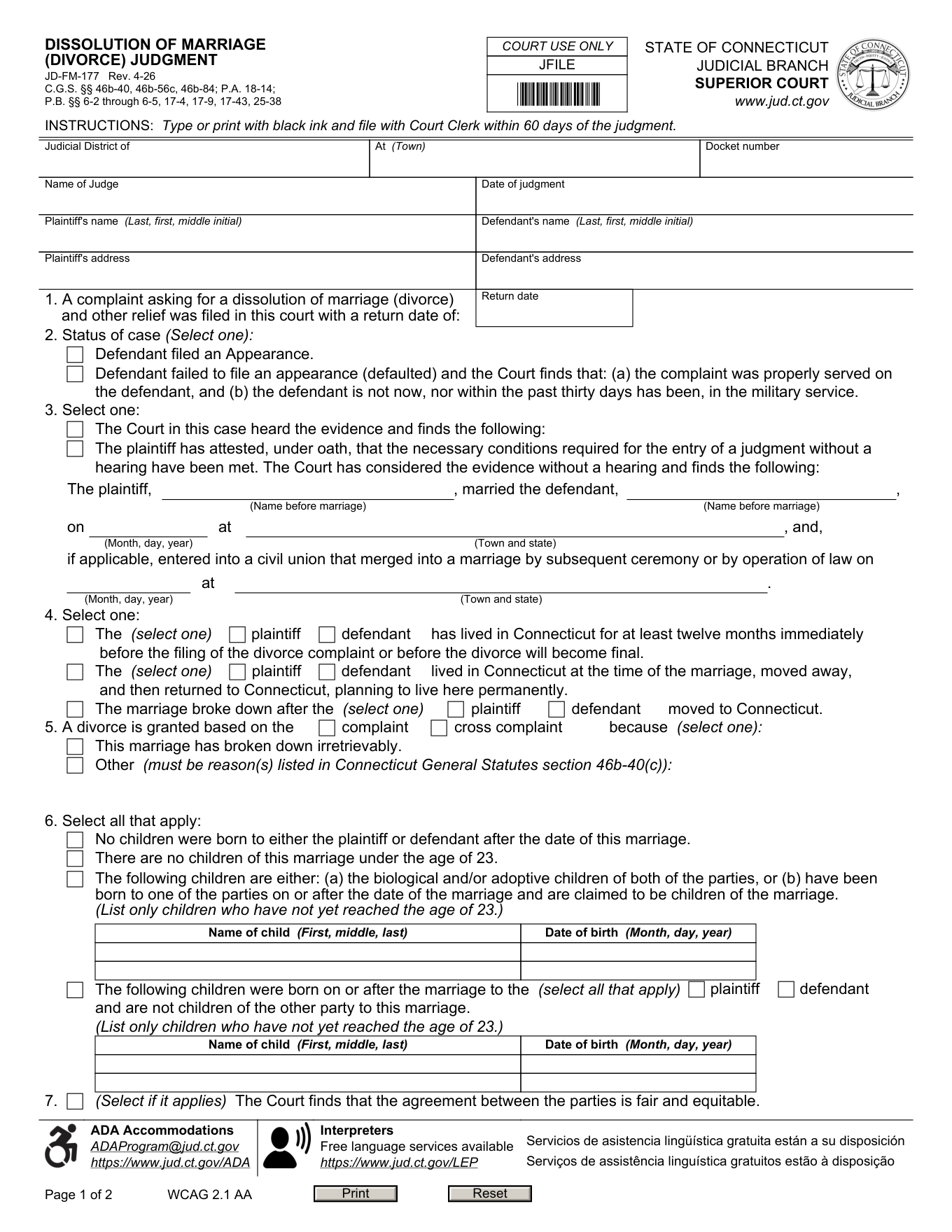 Page 1 of the blank official Connecticut Dissolution of Marriage Judgment included in the download
