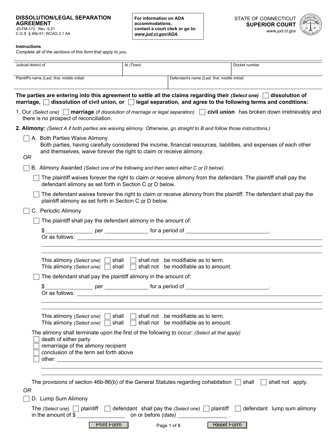 Page 1 of the blank official Connecticut Dissolution/Legal Separation Agreement included in the download