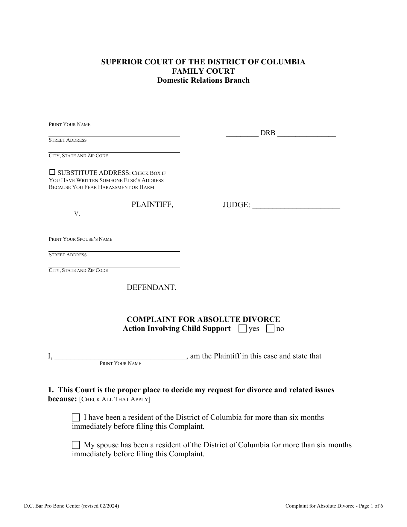 Page 1 of the official D.C. Complaint for Absolute Divorce included in the minor-children download