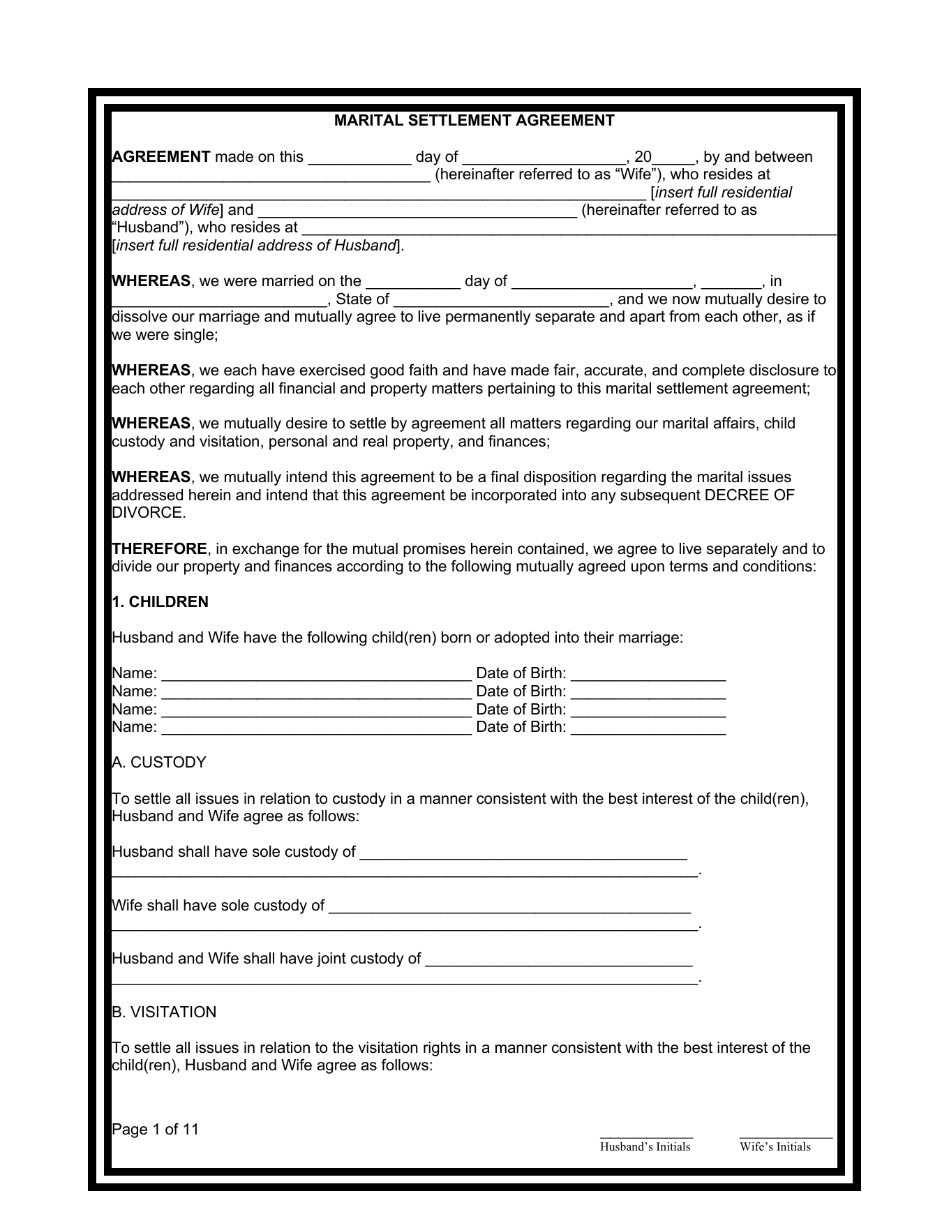 Page 1 of the District of Columbia Marital Settlement Agreement with minor children included in the download