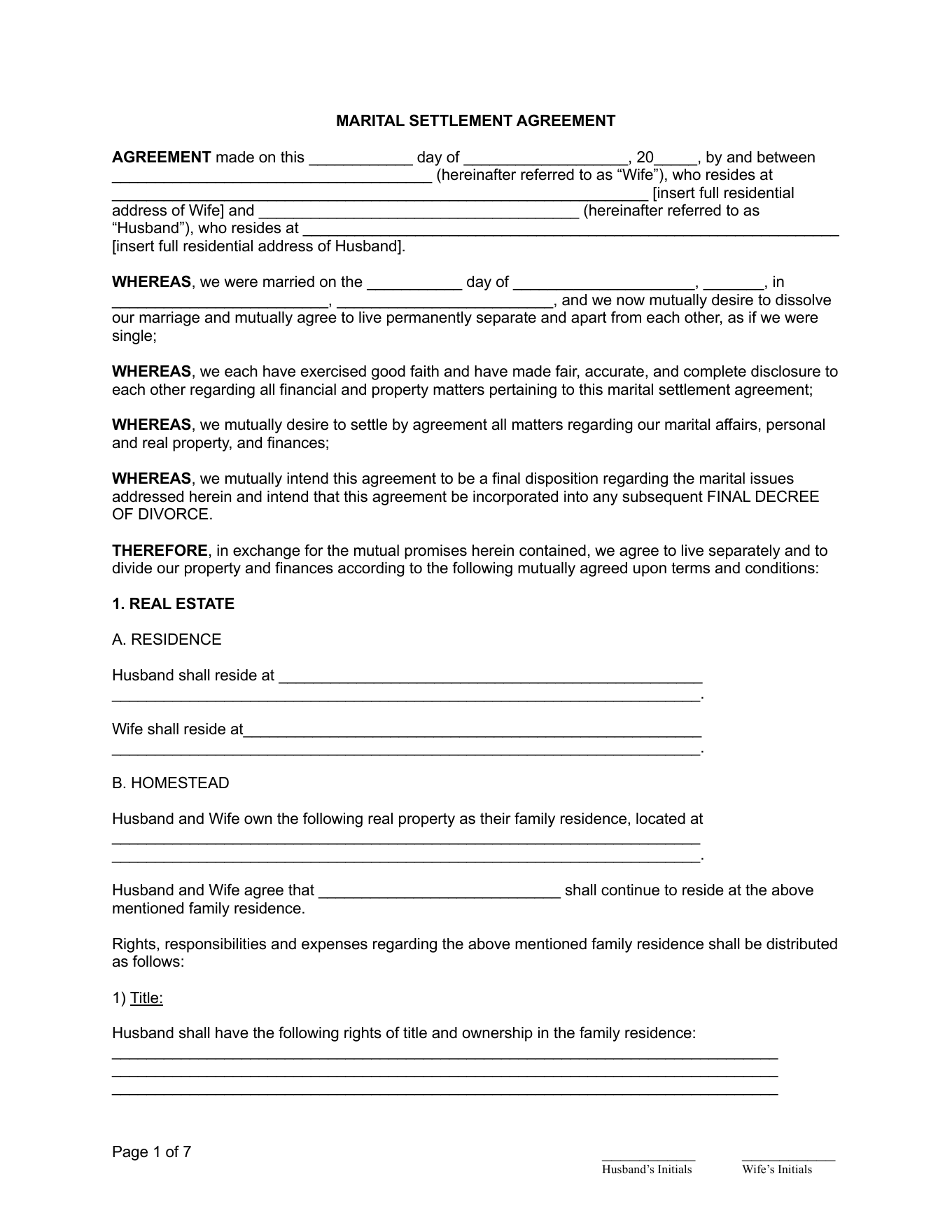 Page 1 of the District of Columbia Marital Settlement Agreement without minor children included in the download