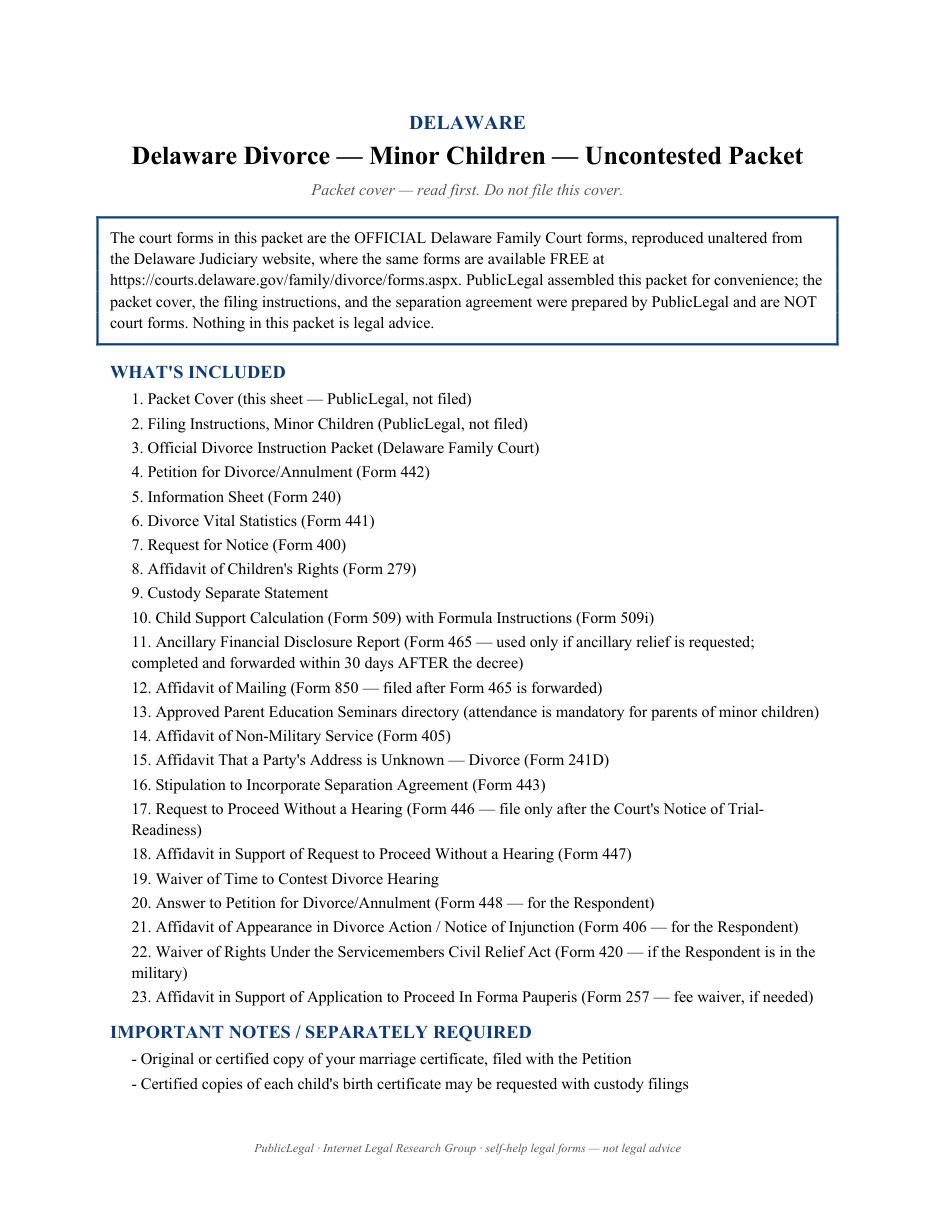 Page 1 of the Delaware Divorce Packet with minor children (official Family Court set) included in the download
