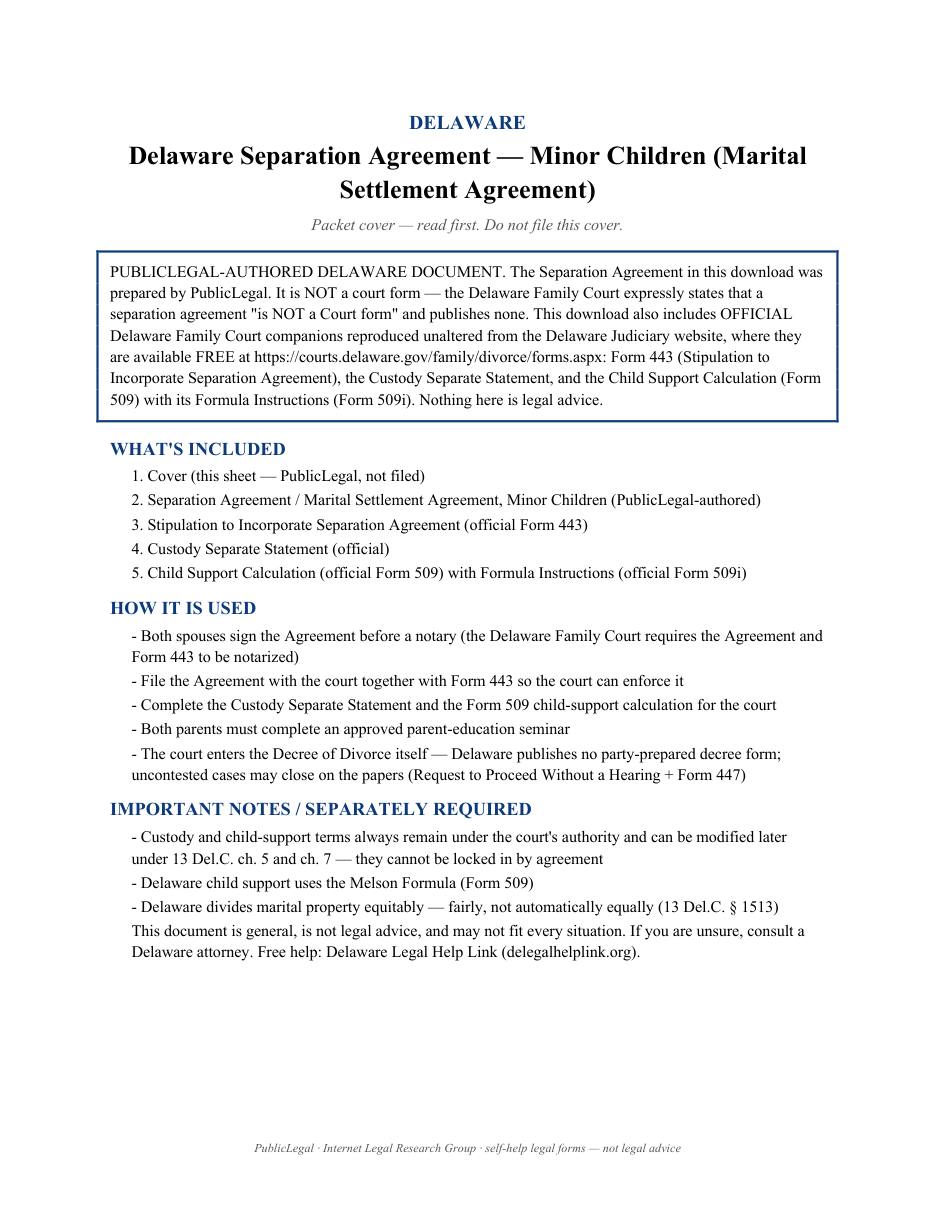Page 1 of the Delaware Marital Settlement Agreement with minor children included in the download