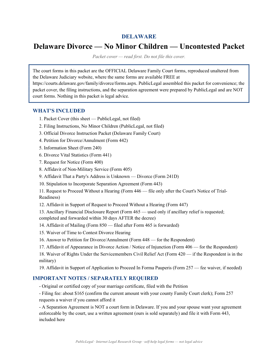 Page 1 of the Delaware Divorce Packet without minor children (official Family Court set) included in the download