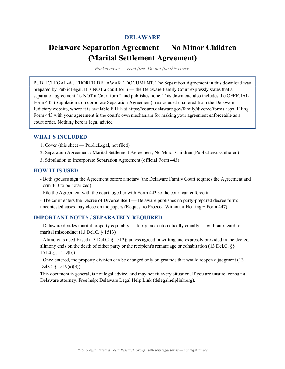 Page 1 of the Delaware Marital Settlement Agreement without minor children included in the download