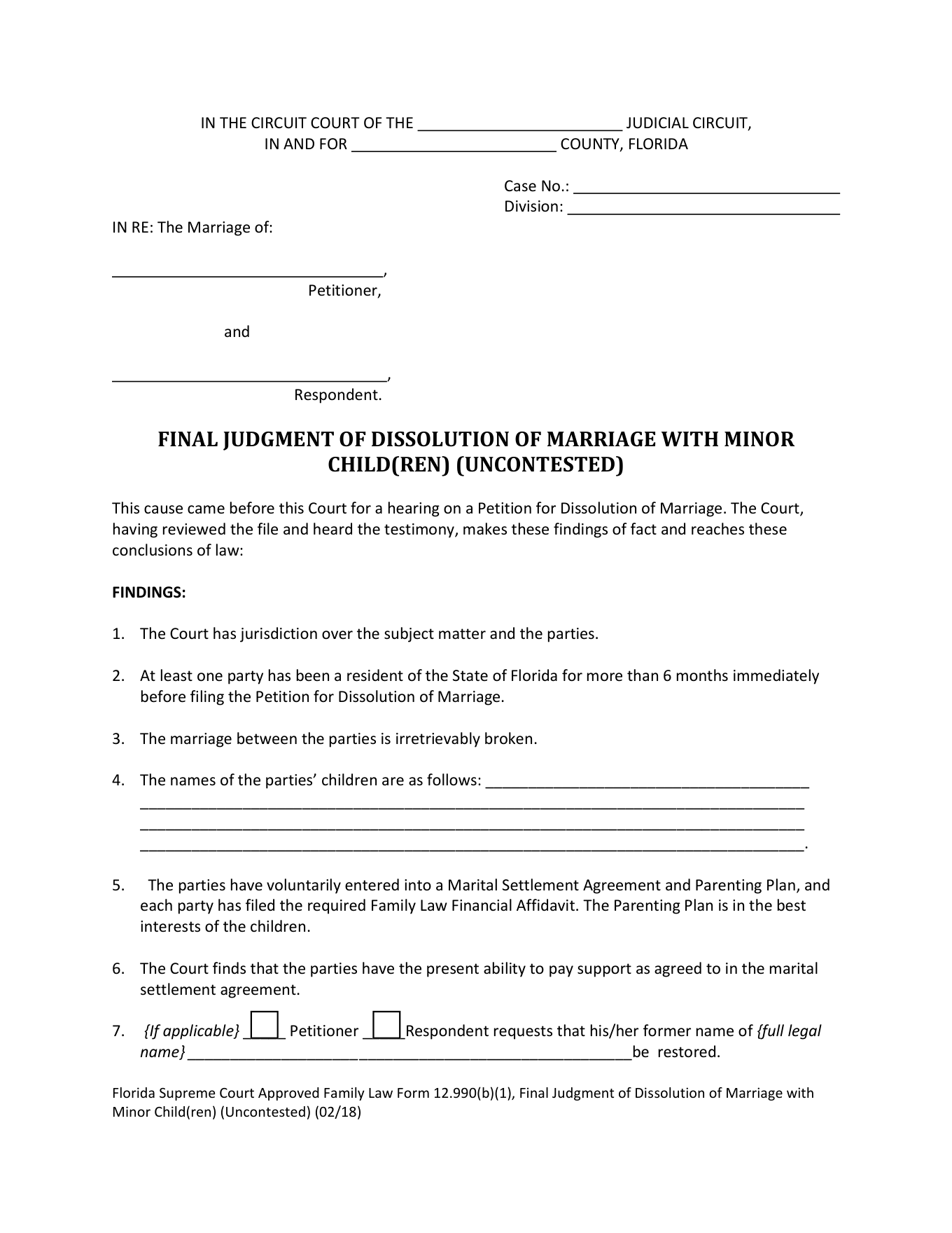 Page 1 of the blank official Florida children Final Judgment included in the download