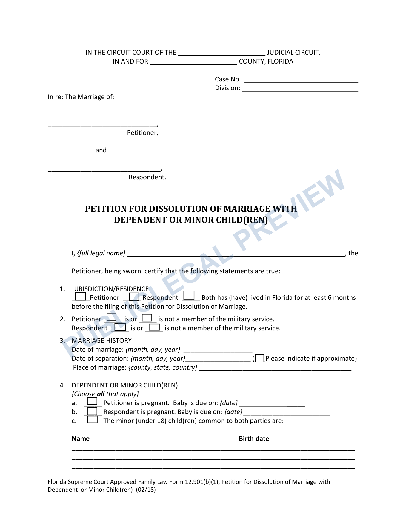 Page 1 of the blank official Florida Petition for Dissolution with Minor Children included in the download