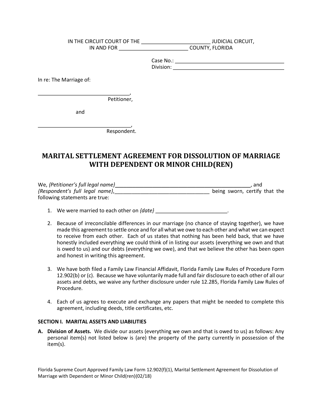 Page 1 of the blank official Florida children marital settlement agreement included in the download