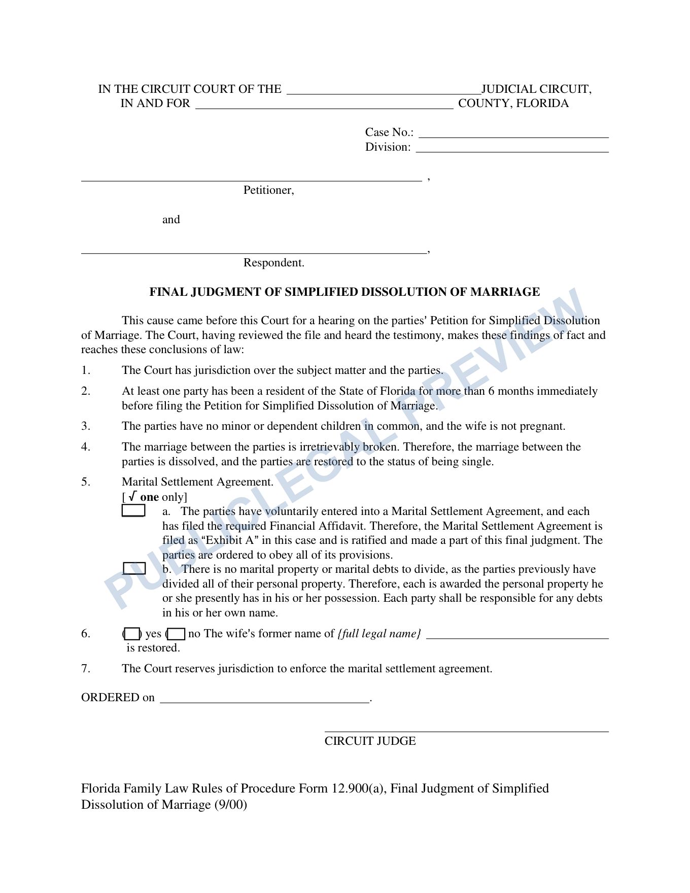Page 1 of the blank official Florida simplified Final Judgment included in the download