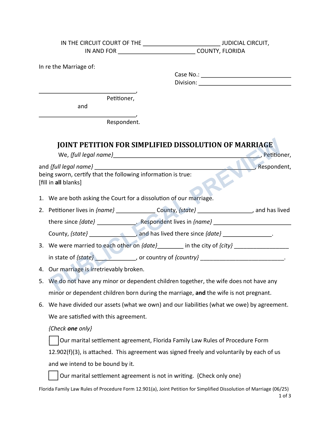 Page 1 of the blank official Florida Joint Petition for Simplified Dissolution included in the download