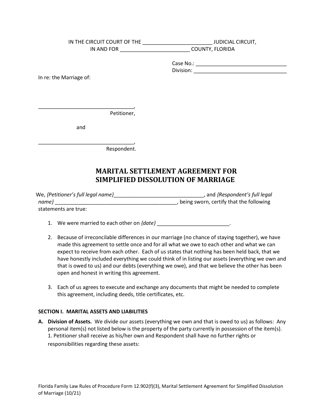 Page 1 of the blank official Florida simplified marital settlement agreement included in the download