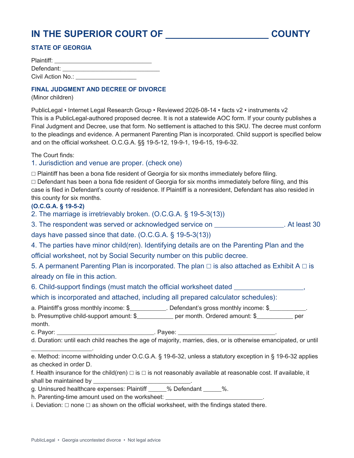 Page 1 of the PublicLegal Georgia minor-children Final Judgment and Decree included in the download, caption first