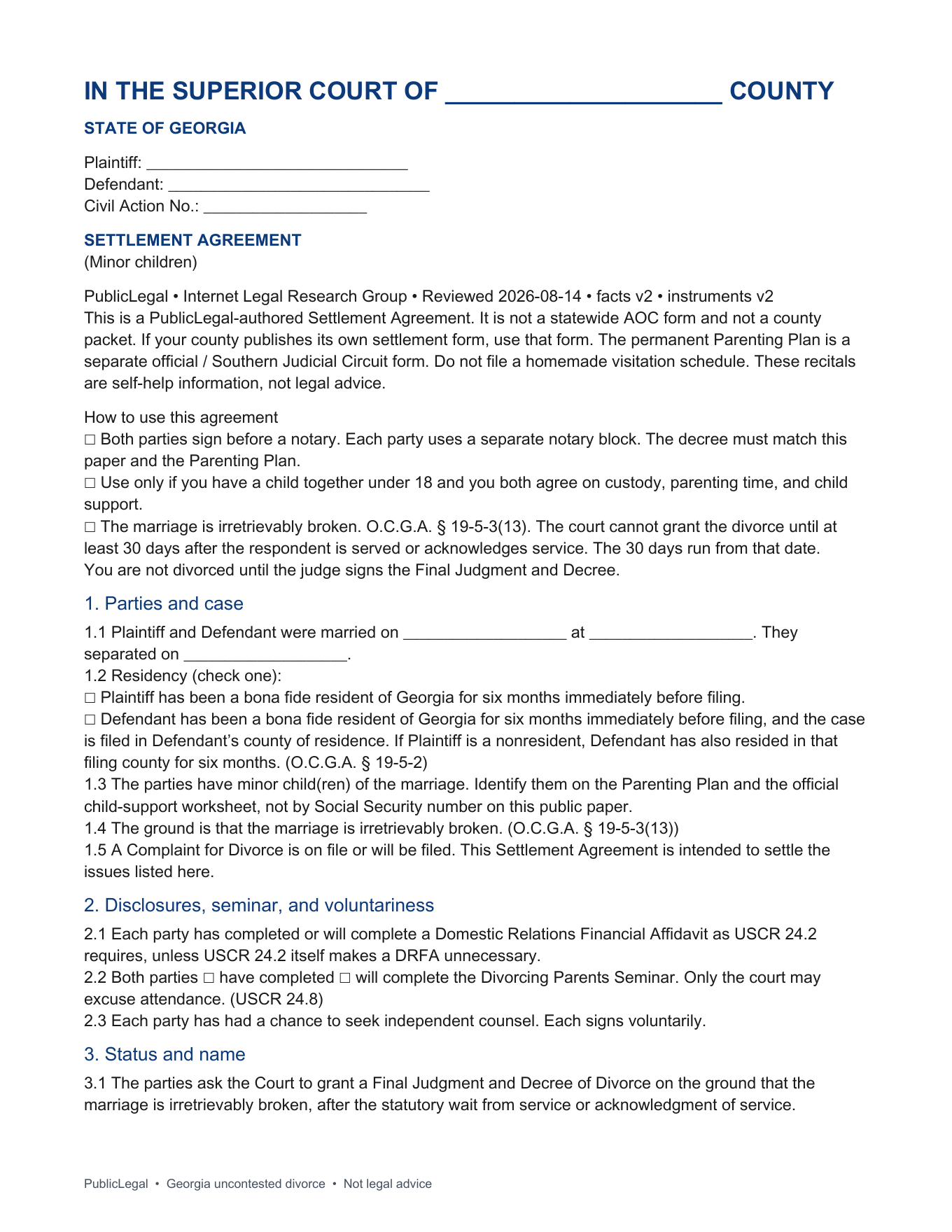 Page 1 of the PublicLegal Georgia minor-children Settlement Agreement included in the download, caption first