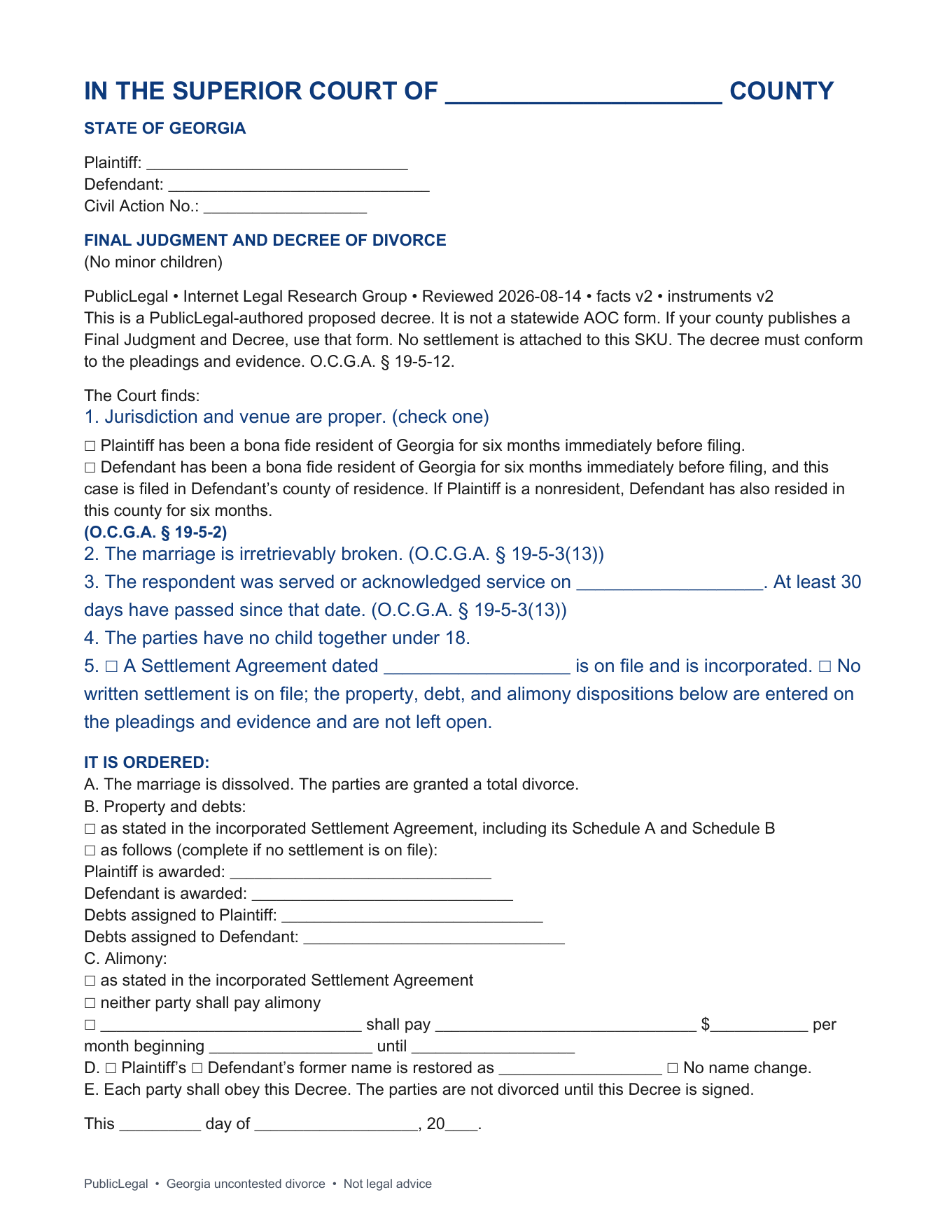 Page 1 of the PublicLegal Georgia no-children Final Judgment and Decree included in the download, caption first