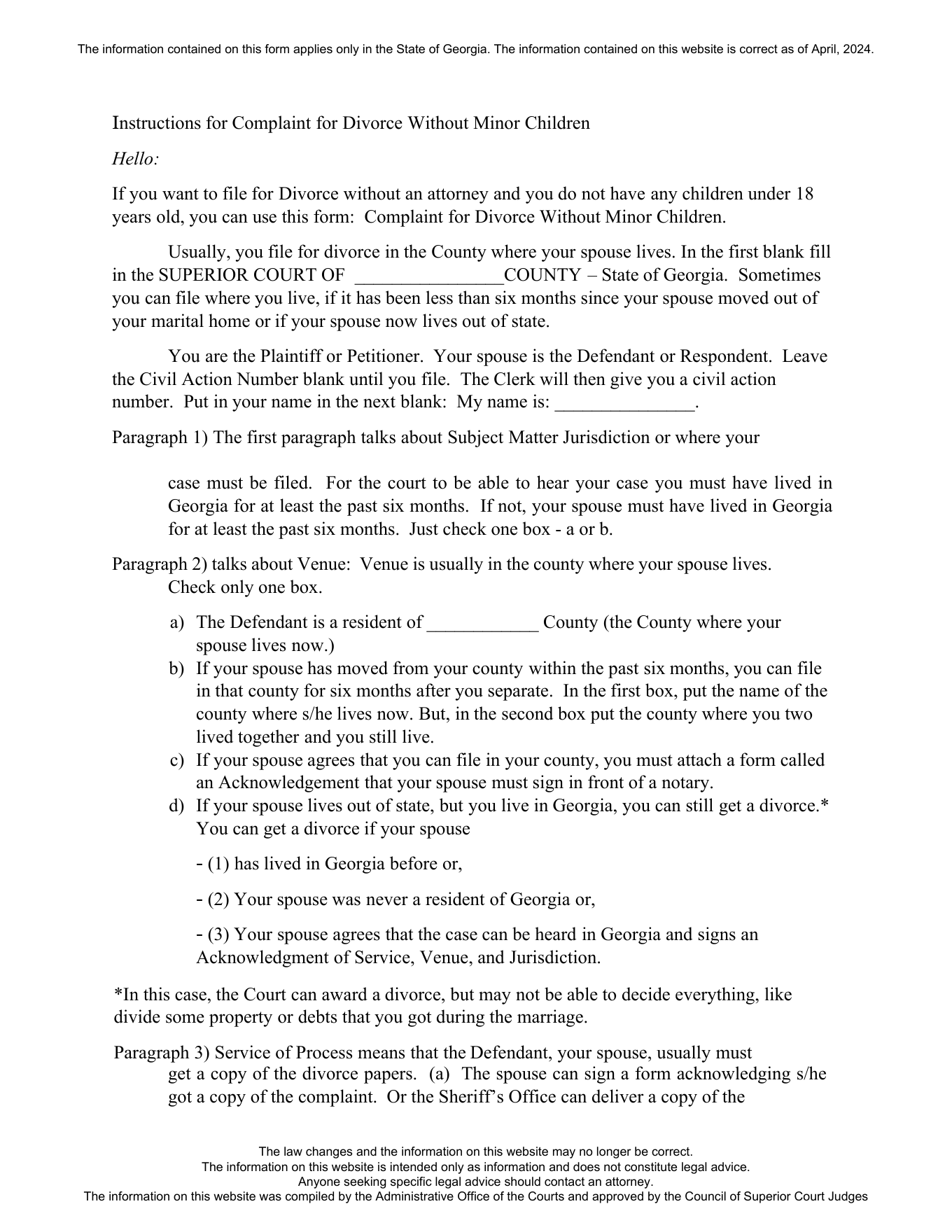 Page 1 of the official Georgia A2J no-children Complaint for Divorce instructions included in the download