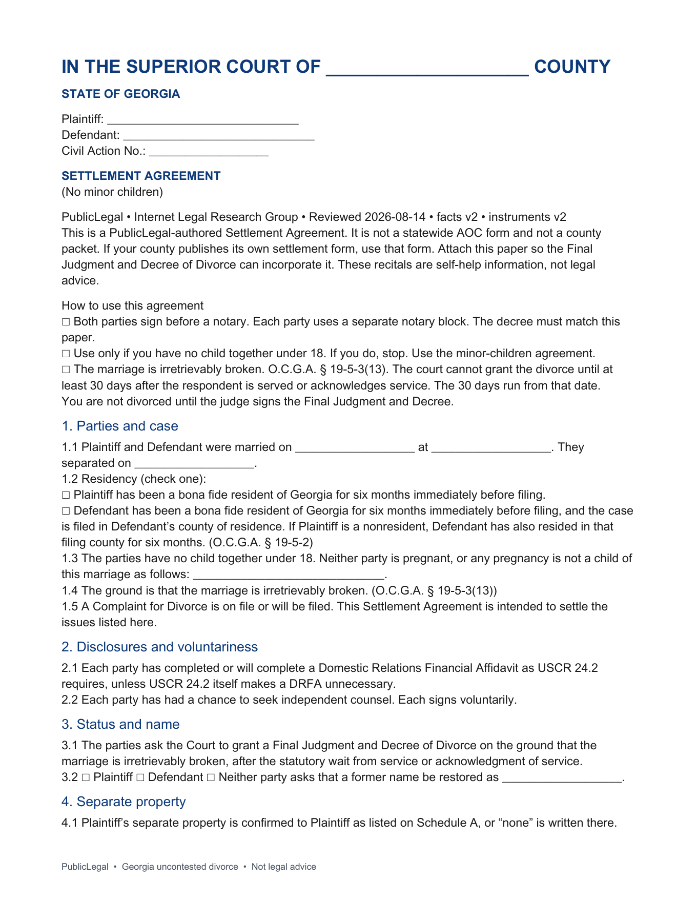 Page 1 of the PublicLegal Georgia no-children Settlement Agreement included in the download, caption first