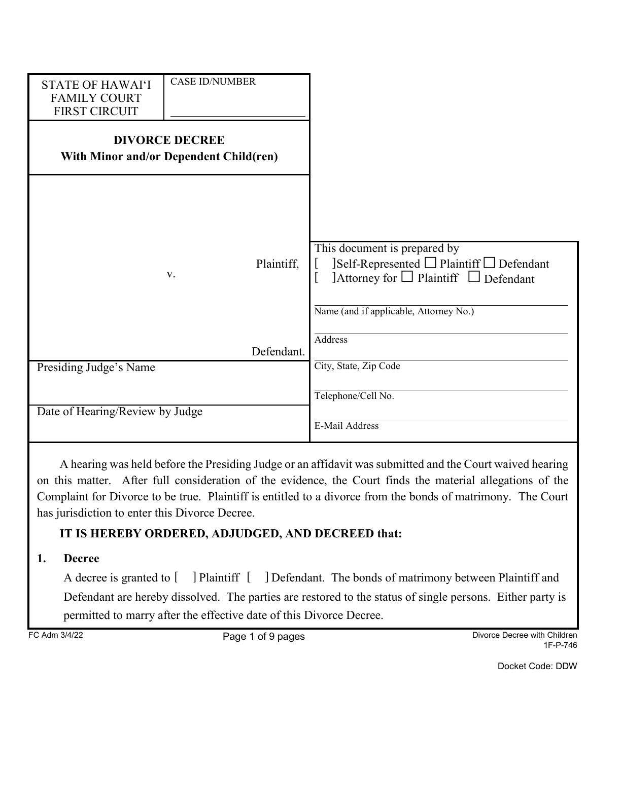Page 1 of the official Hawaii Divorce Decree with minor children (First Circuit Form 1F-P-746) included in the download
