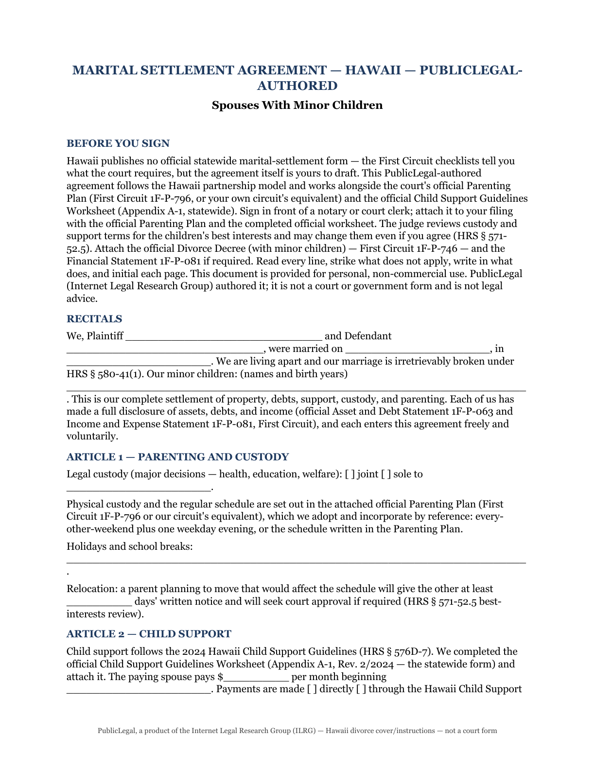 Page 1 of the PublicLegal-authored Hawaii Marital Settlement Agreement (minor children) included in the download