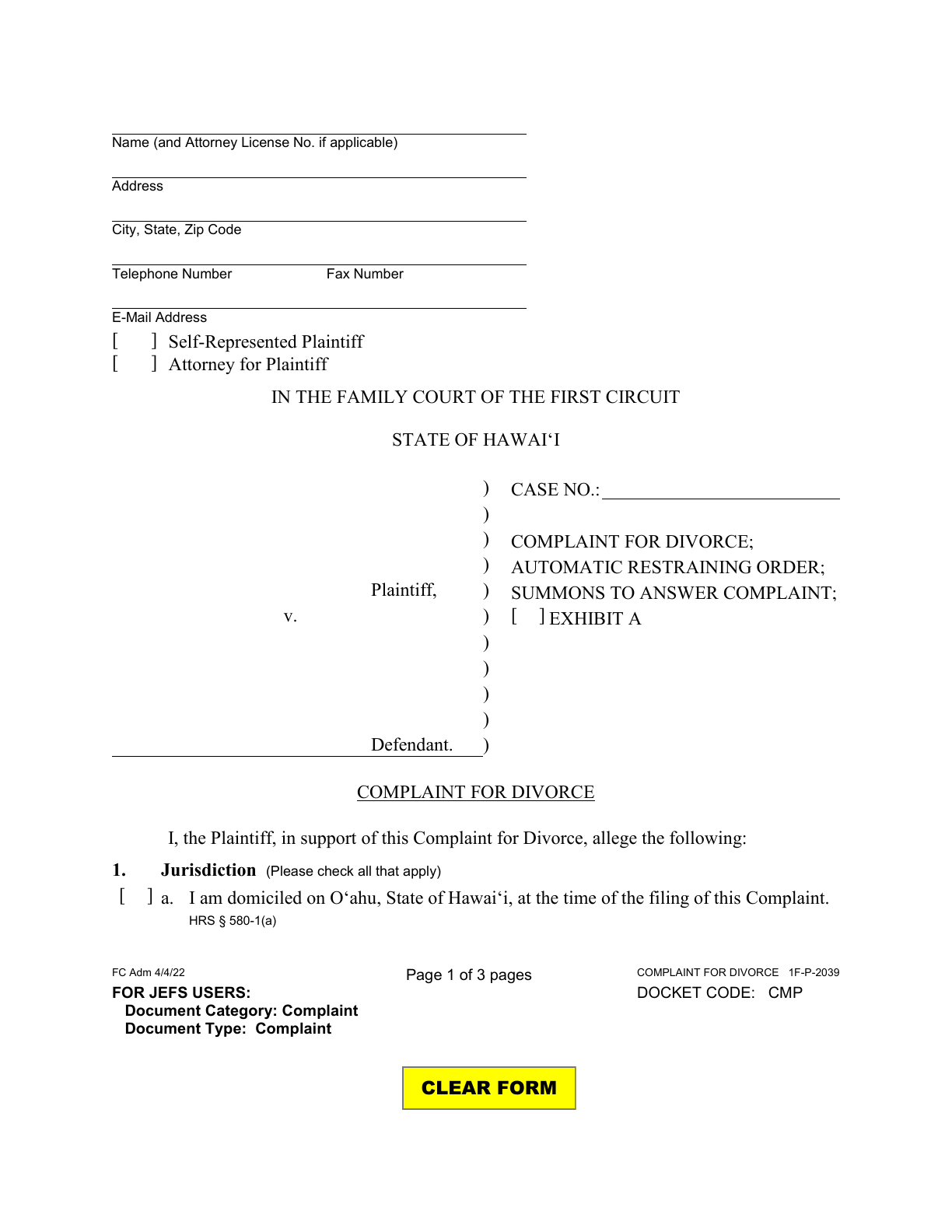 Page 1 of the official Hawaii Complaint for Divorce (First Circuit Form 1F-P-2039) included in the download