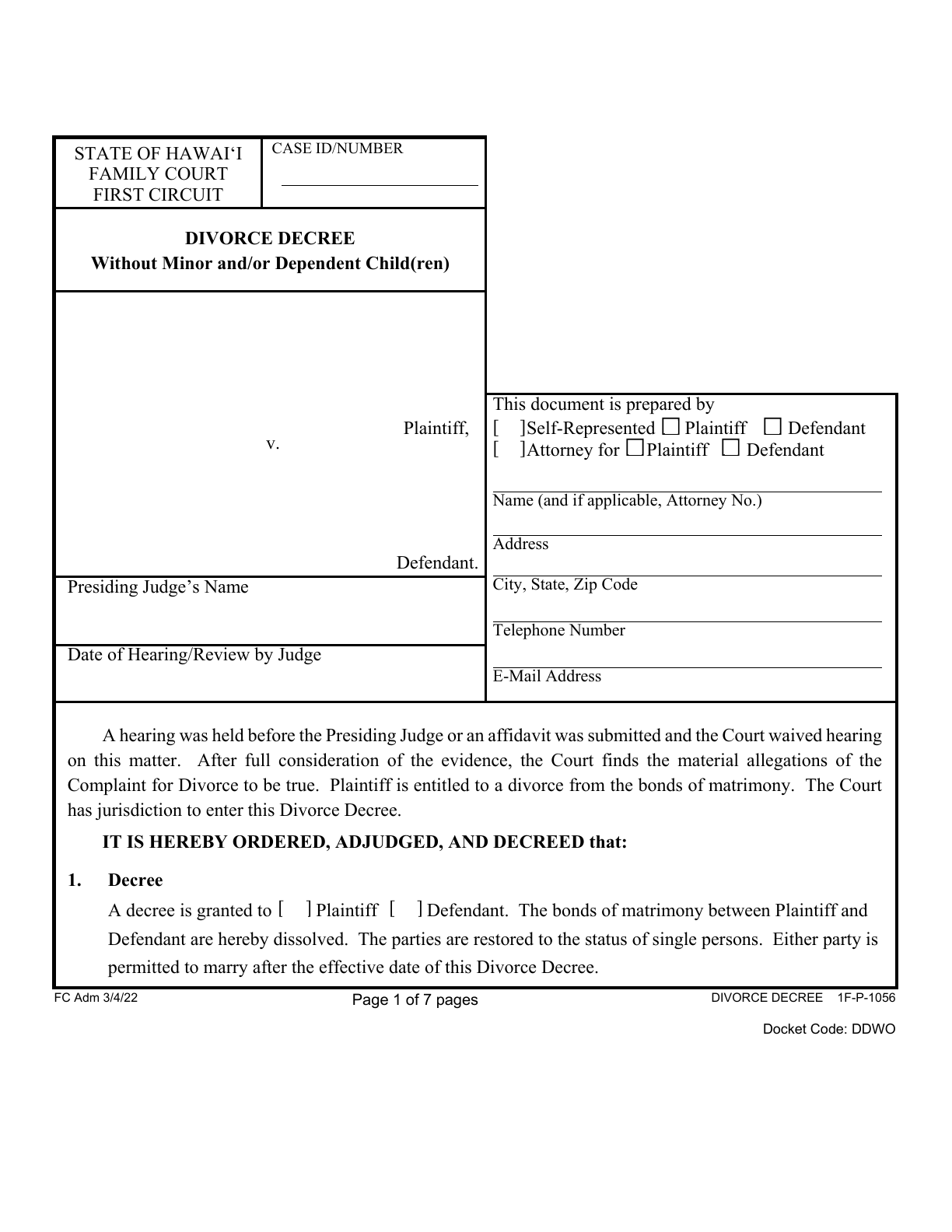 Page 1 of the official Hawaii Divorce Decree without minor children (First Circuit Form 1F-P-1056) included in the download