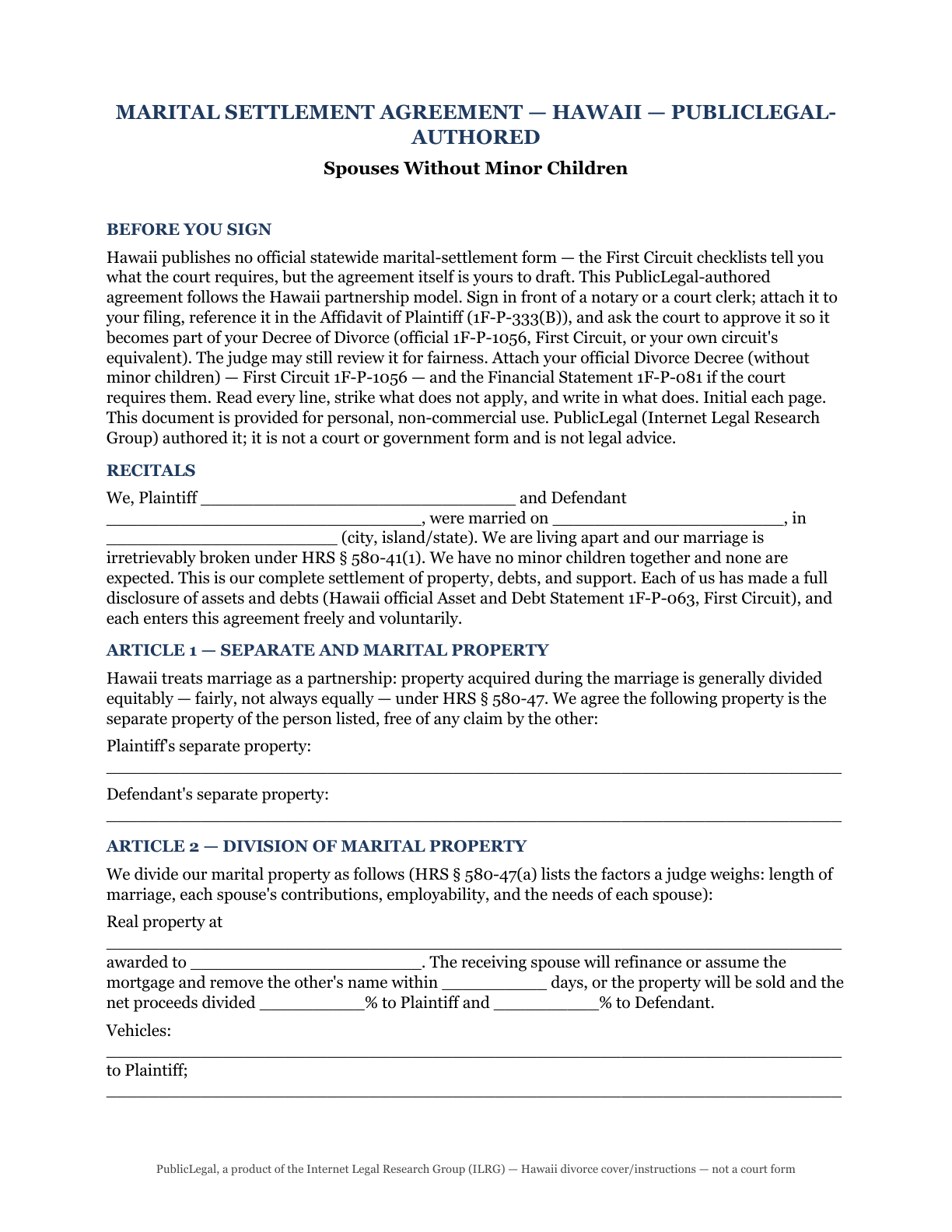 Page 1 of the PublicLegal-authored Hawaii Marital Settlement Agreement (no children) included in the download