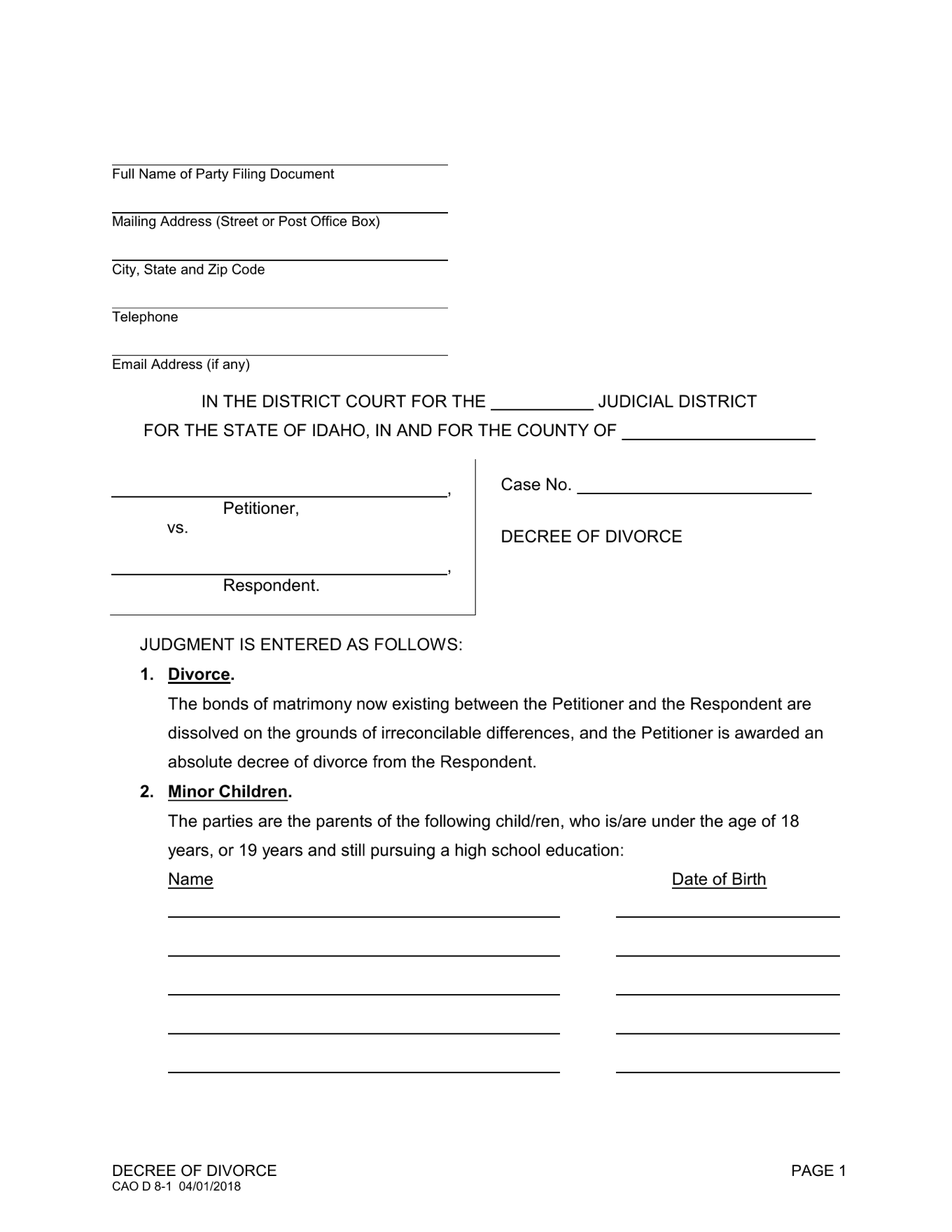 Page 1 of the blank official Idaho Decree of Divorce (Minor Children) included in the download