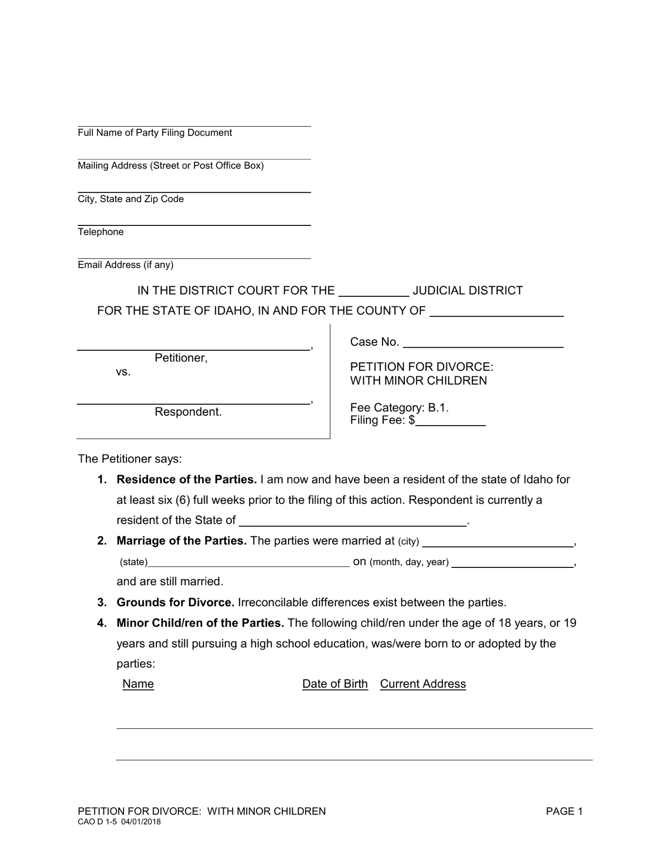 Page 1 of the blank official Idaho Petition for Divorce (Minor Children) included in the download