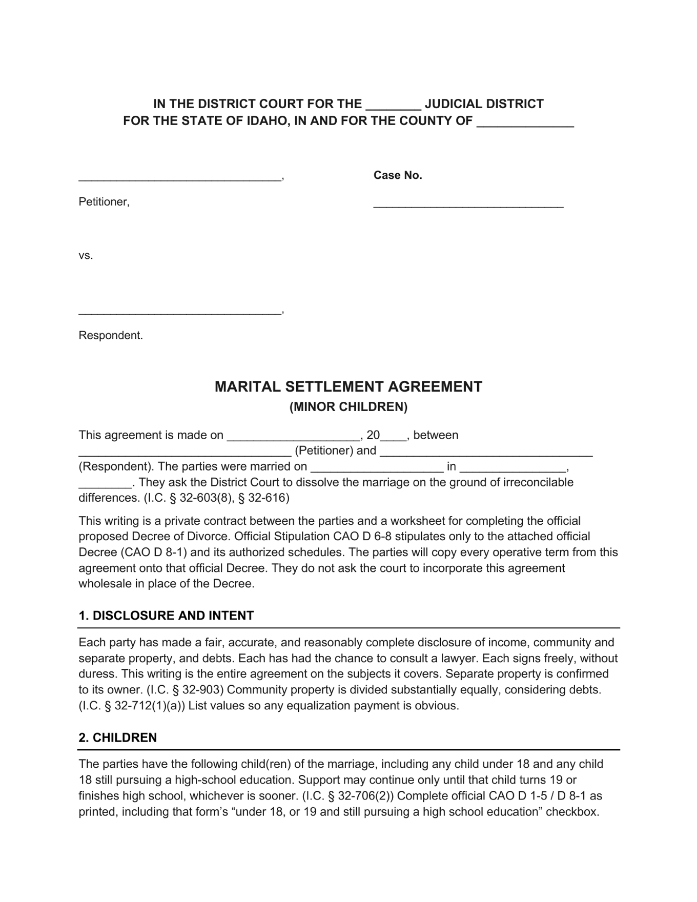 Page 1 of the blank Idaho Marital Settlement Agreement (Minor Children) included in the download