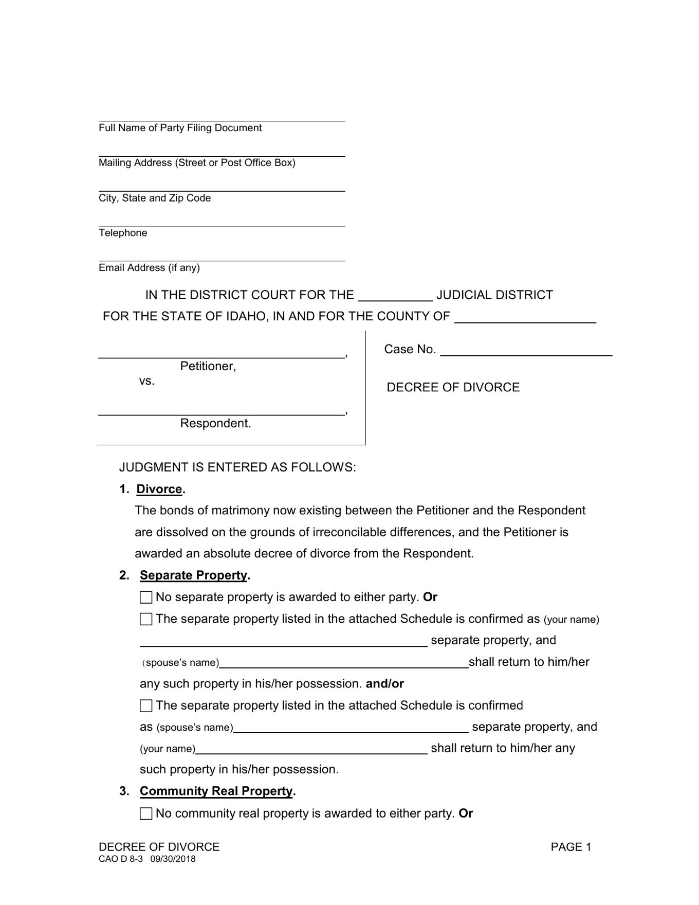 Page 1 of the blank official Idaho Decree of Divorce (No Minor Children) included in the download