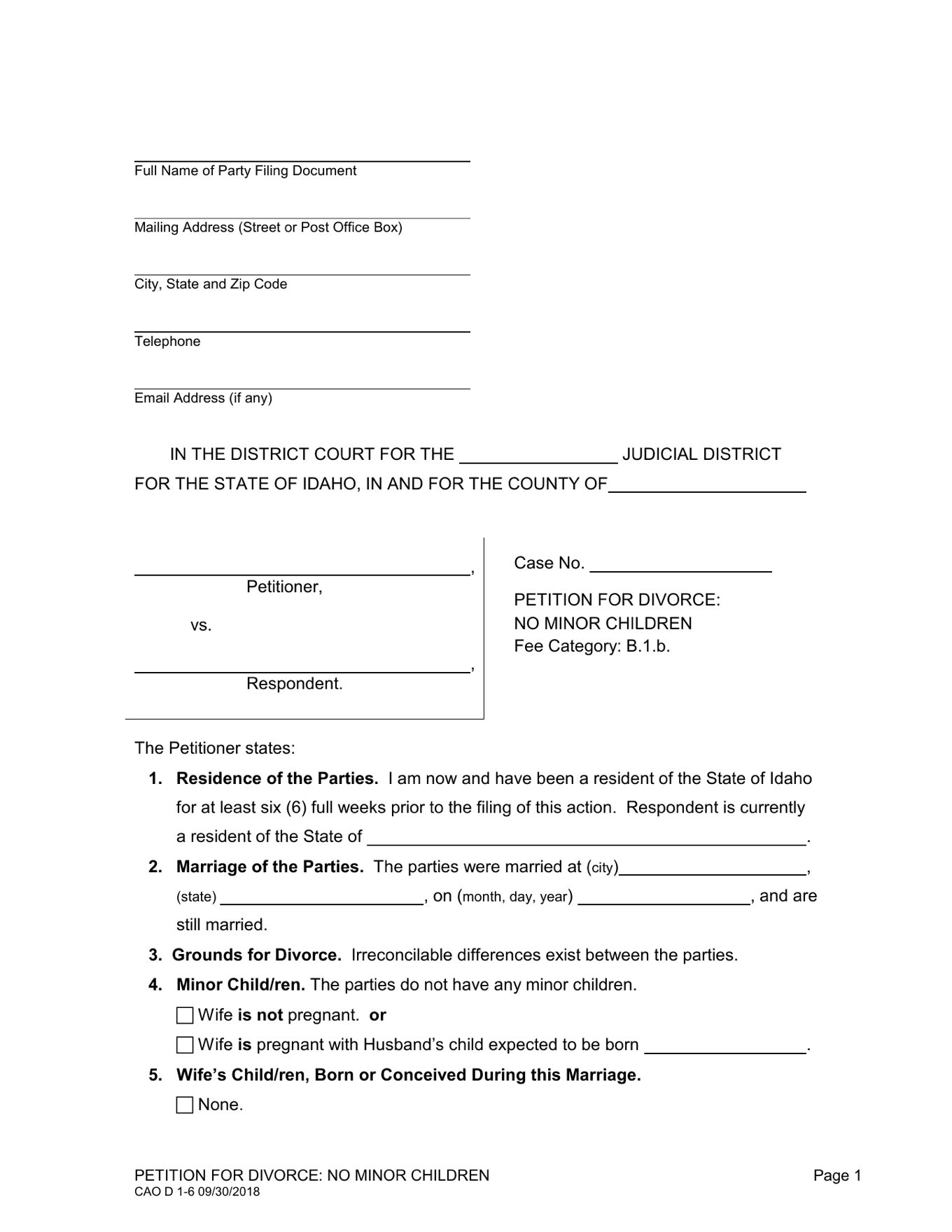 Page 1 of the blank official Idaho Petition for Divorce (No Minor Children) included in the download