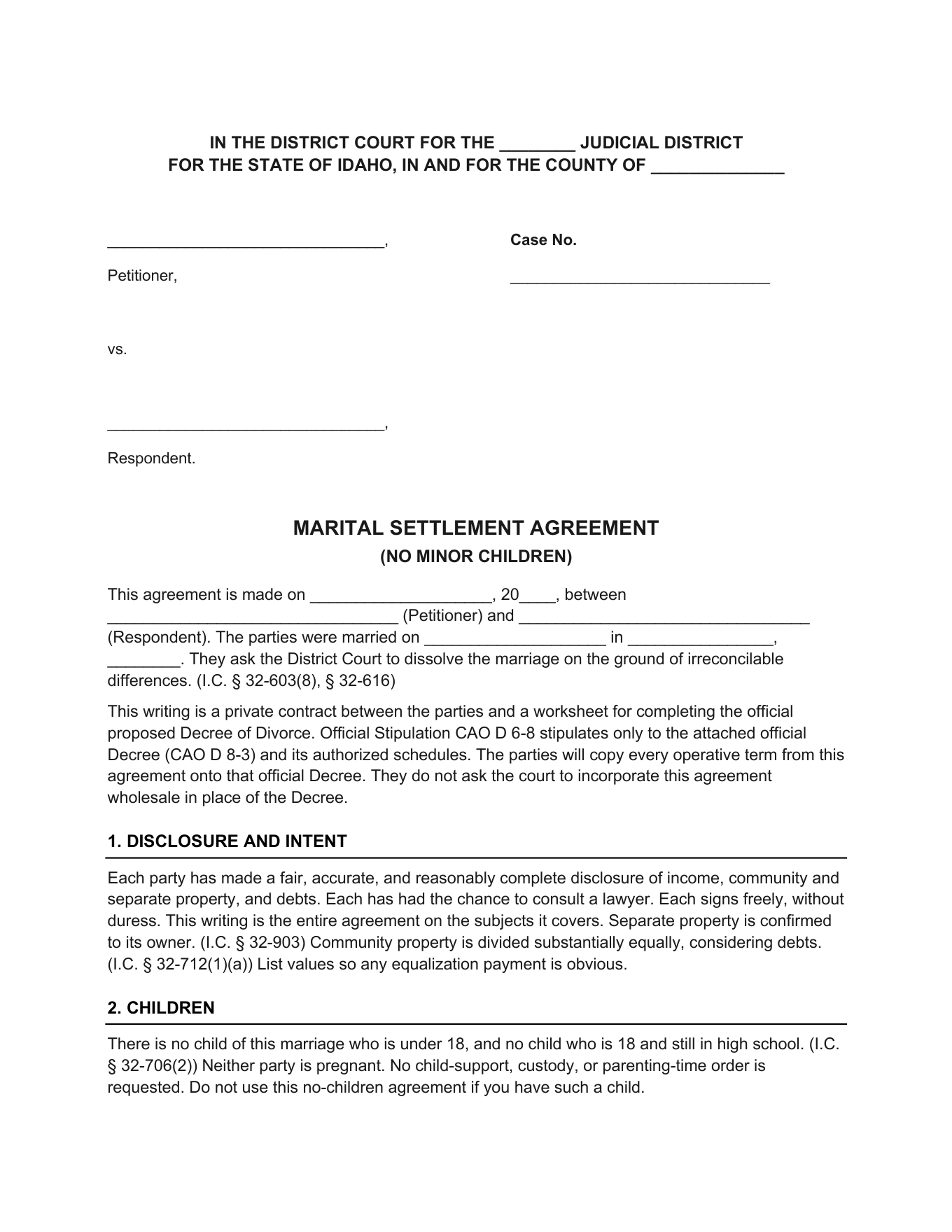 Page 1 of the blank Idaho Marital Settlement Agreement (No Children) included in the download