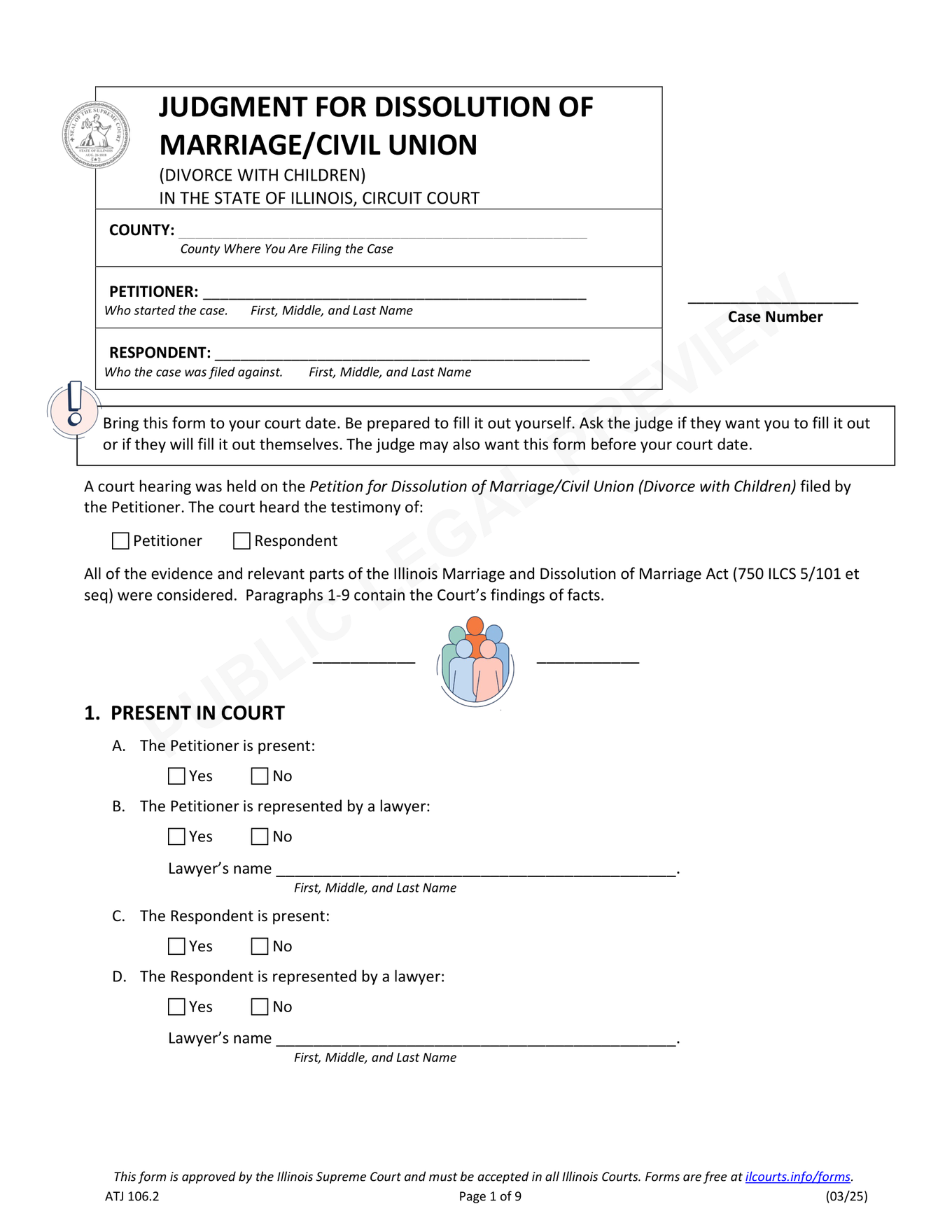 Page 1 of the blank official Illinois children Judgment for Dissolution included in the download