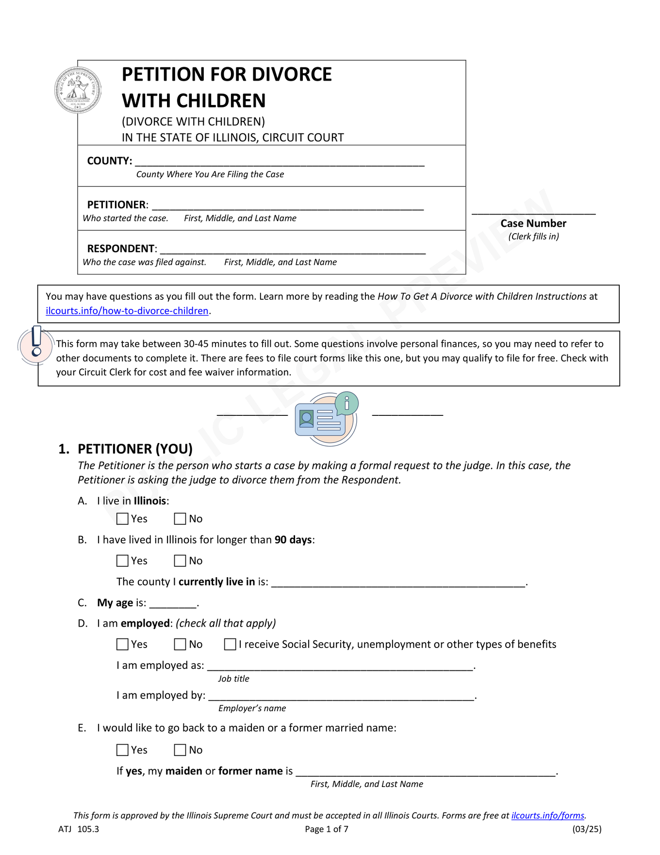 Page 1 of the blank official Illinois Petition for Divorce with Children included in the download