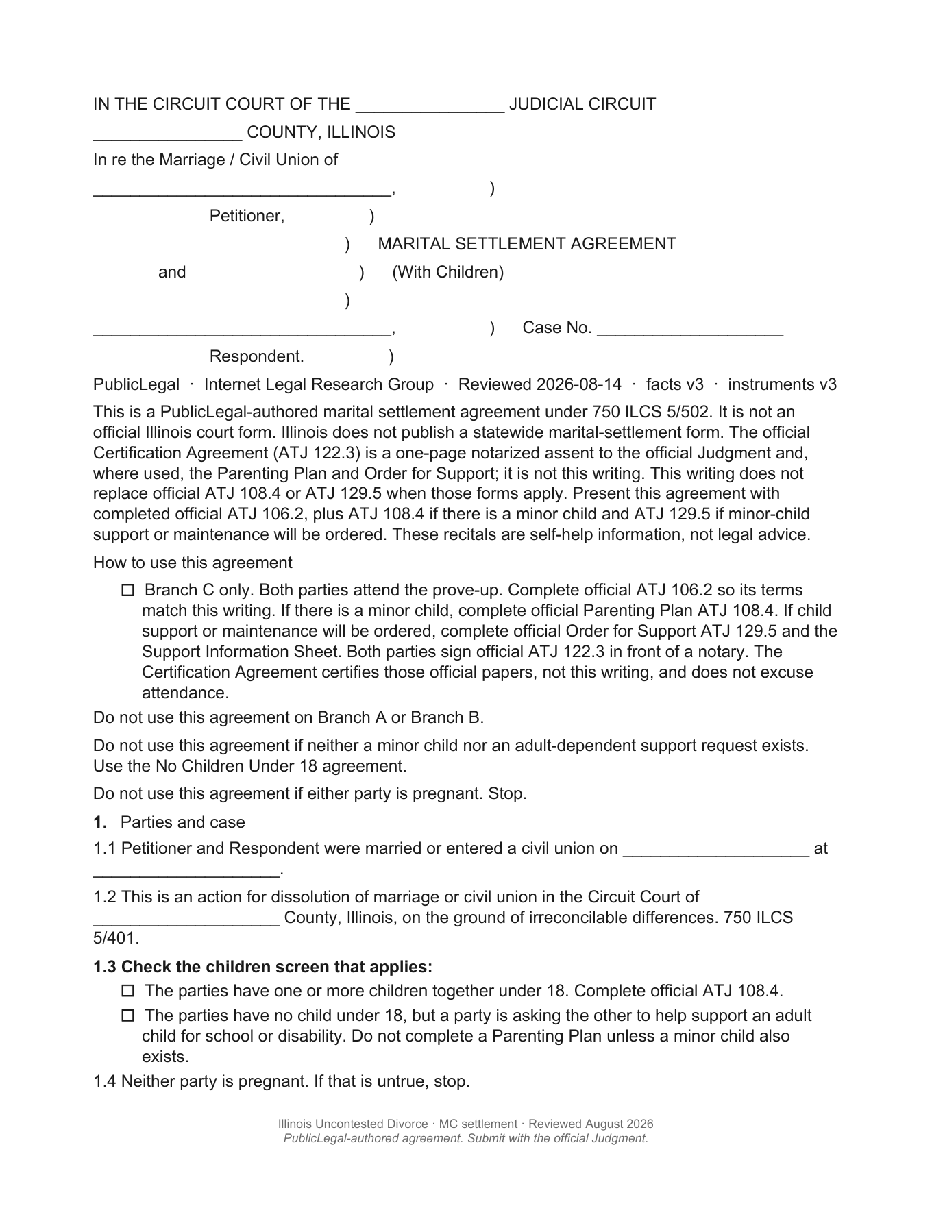 Page 1 of the blank PublicLegal Illinois children marital settlement agreement included in the download