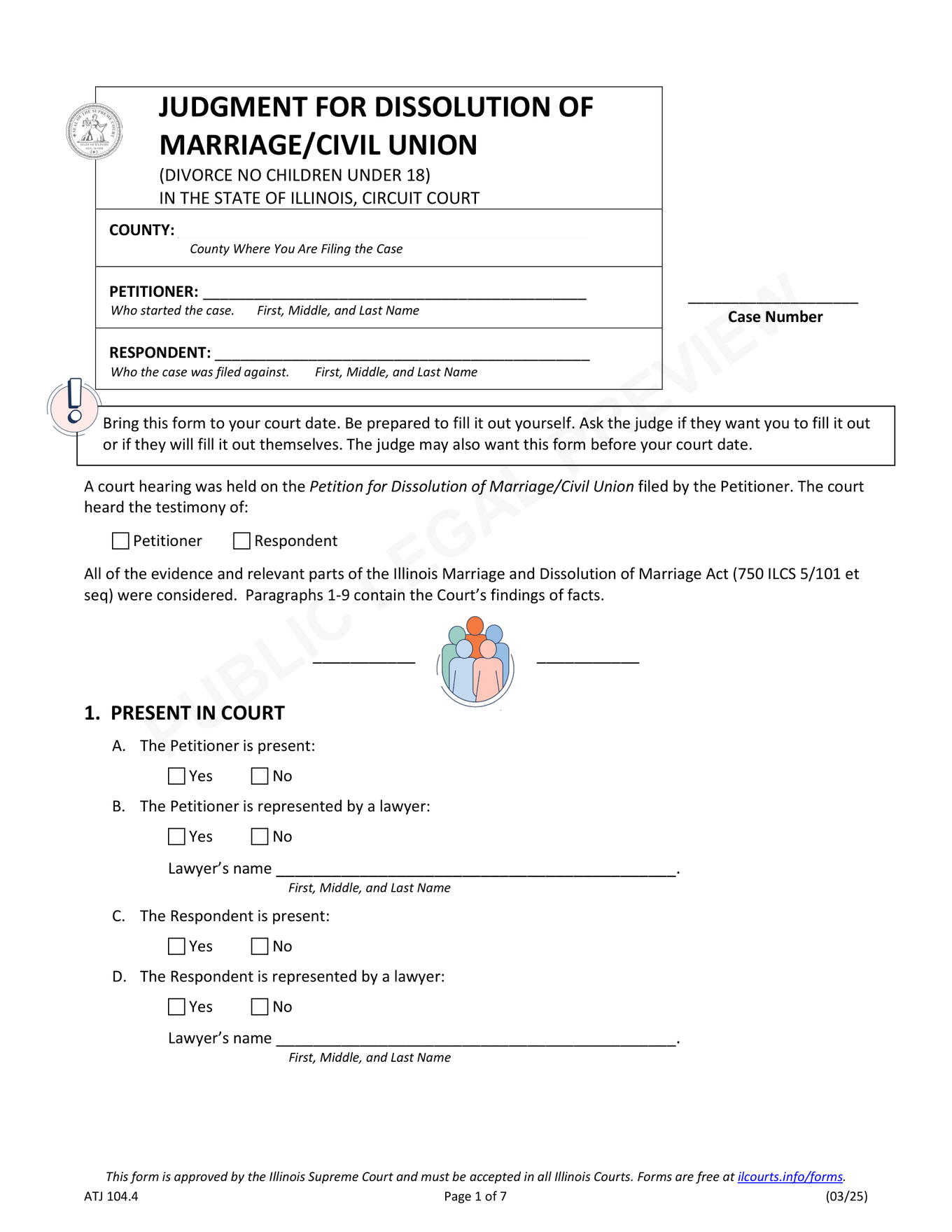 Page 1 of the blank official Illinois no-children Judgment for Dissolution included in the download