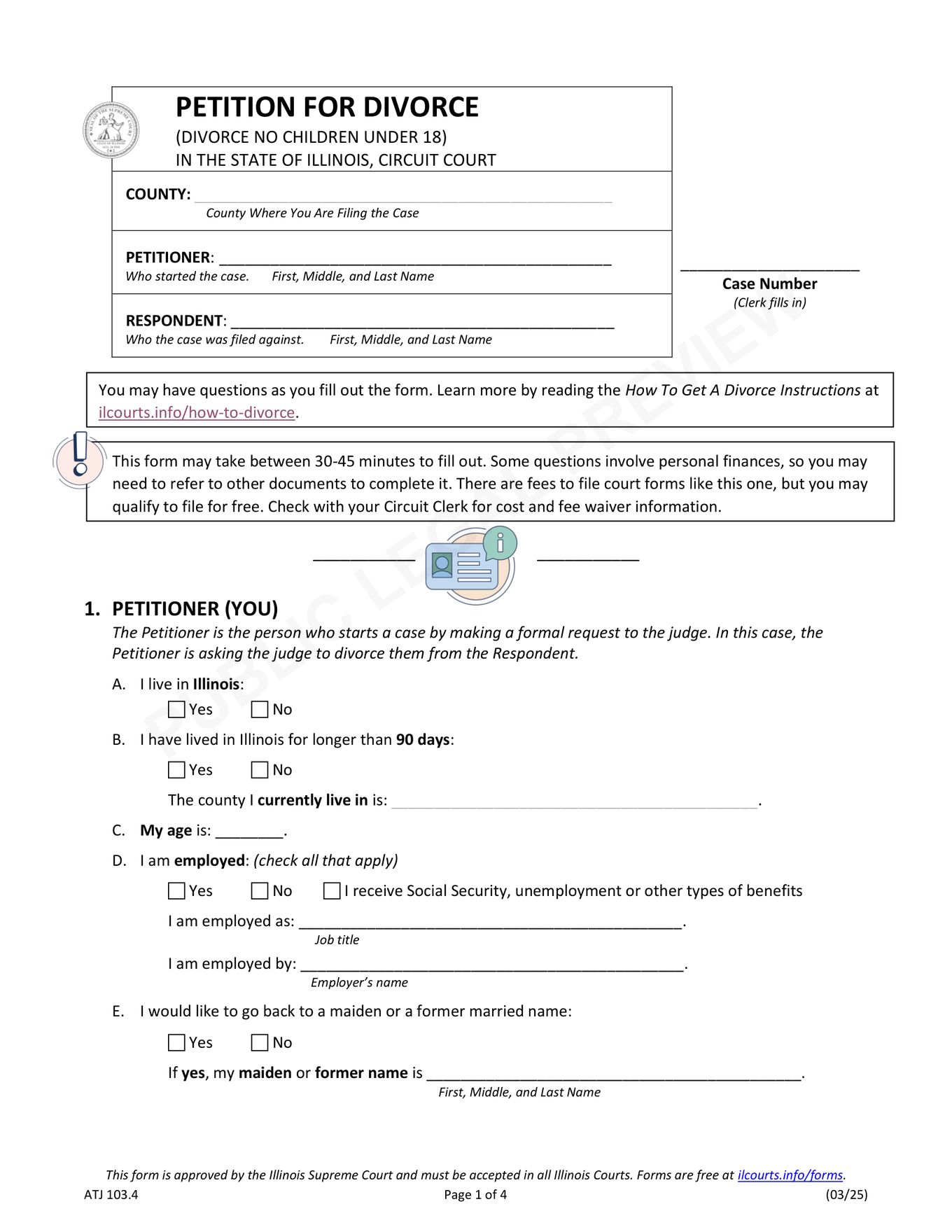 Page 1 of the blank official Illinois Petition for Divorce (No Children Under 18) included in the download