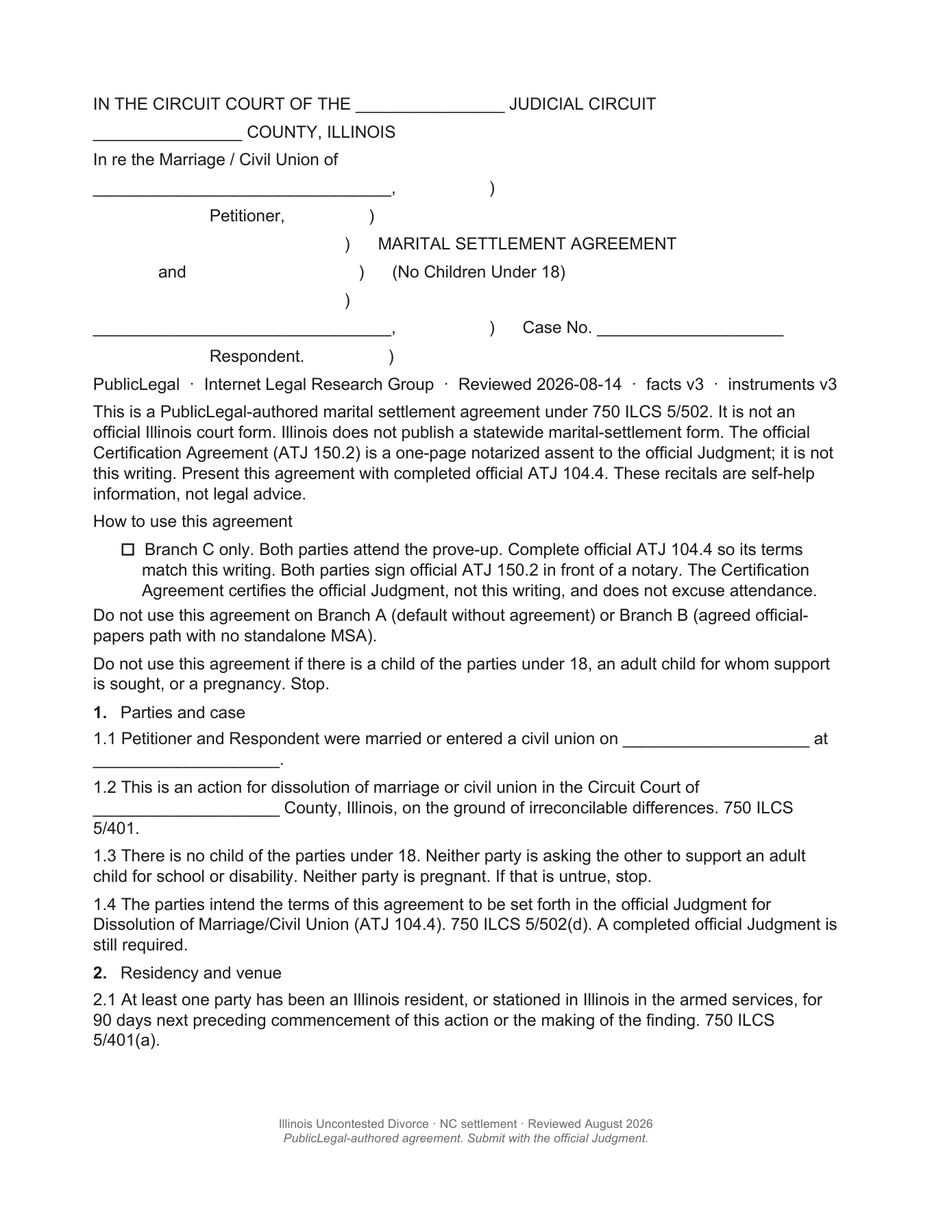 Page 1 of the blank PublicLegal Illinois no-children marital settlement agreement included in the download