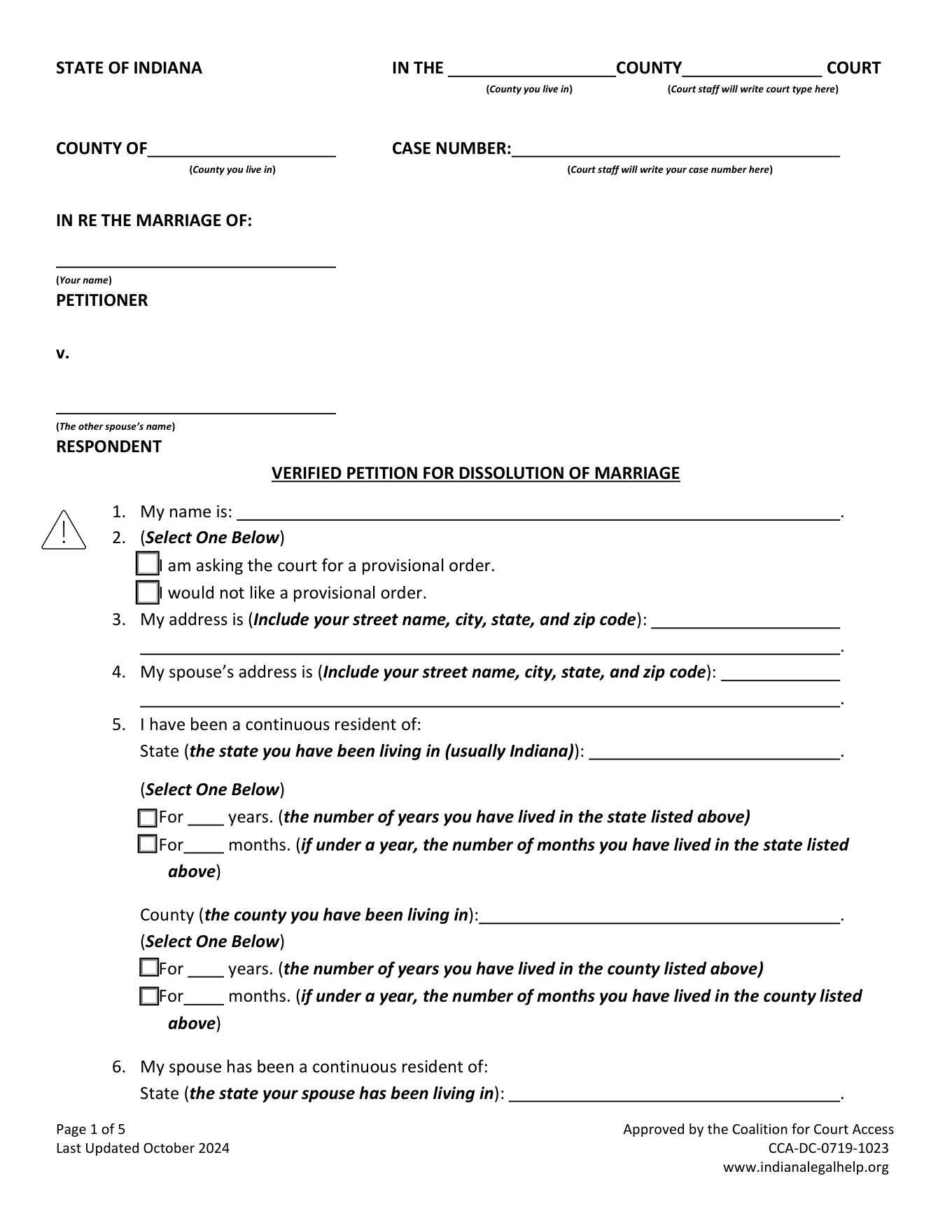 Page 1 of the official Indiana Verified Petition for Dissolution of Marriage (minor children) included in the download